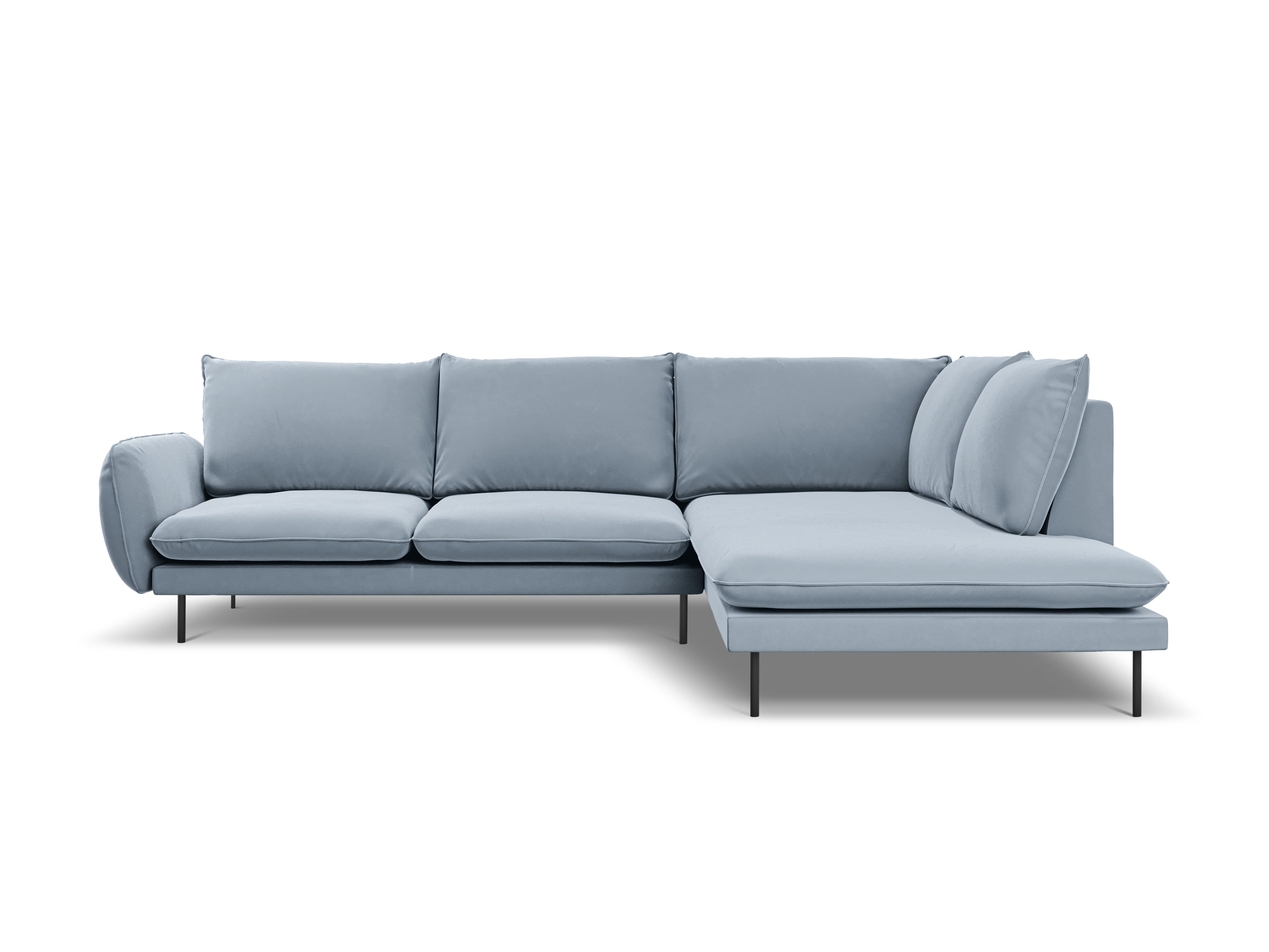 Velvet corner sofa right-facing for 5 people VIENNA light blue with black base