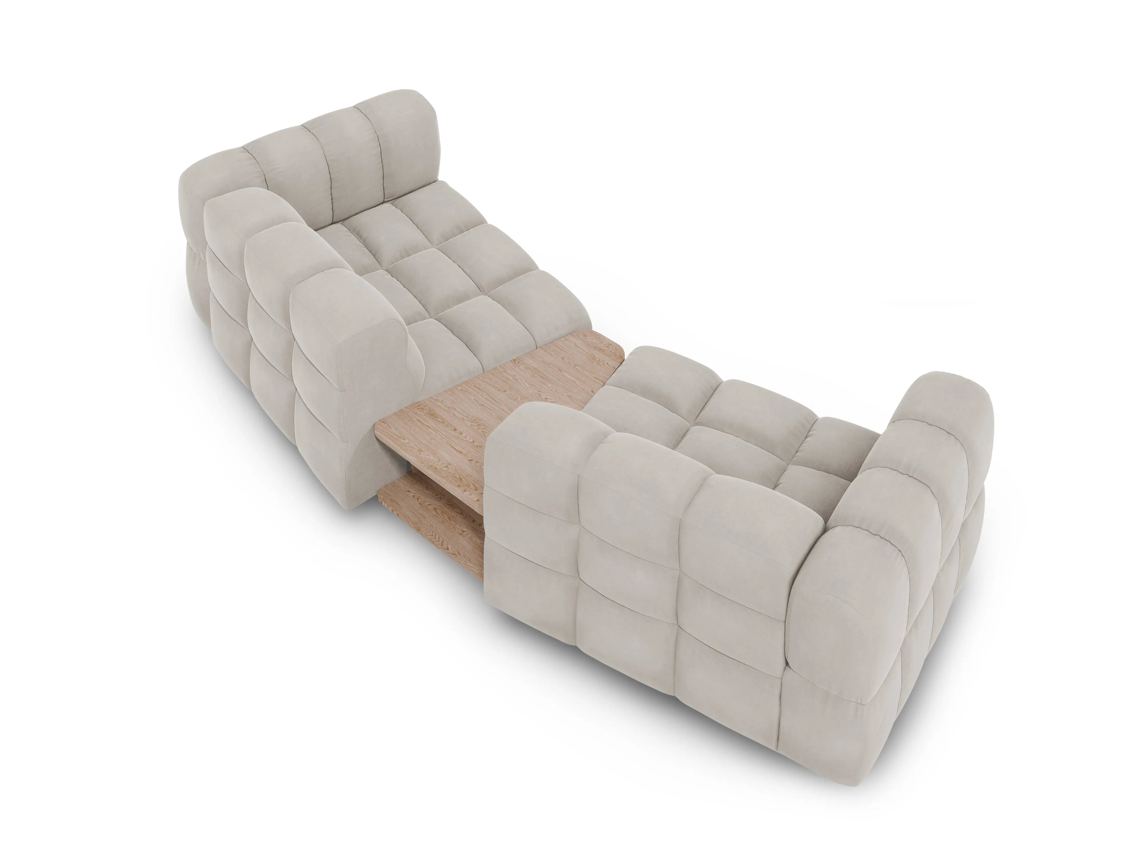 Sofa aksamitna 2-osobowa zaokrąglona ze stolikiem SKY jasnobeżowy – Cosmopolitan Design