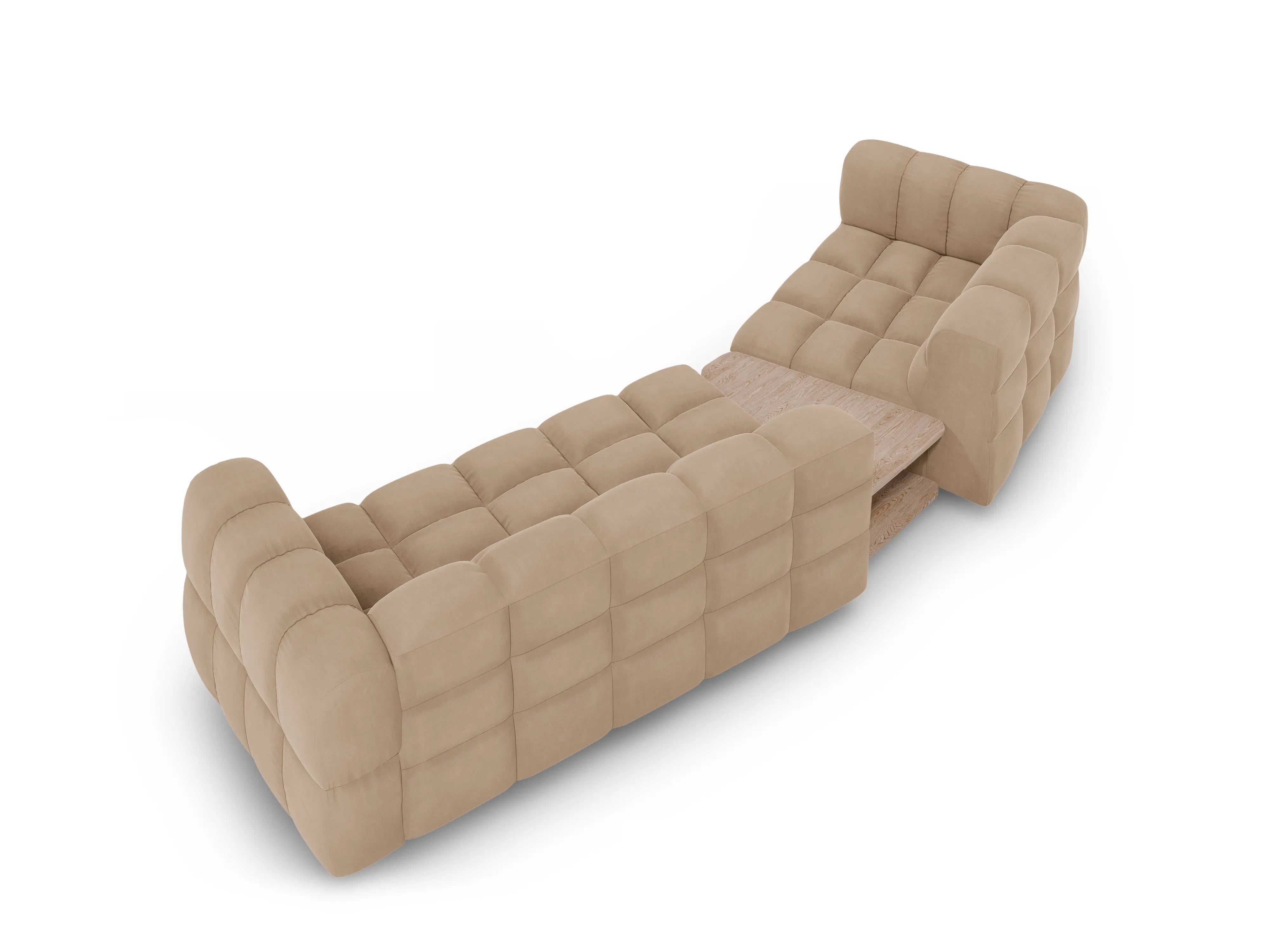 Sofa aksamitna lewostronna 3-osobowa zaokrąglona ze stolikiem SKY piaskowy – Cosmopolitan Design
