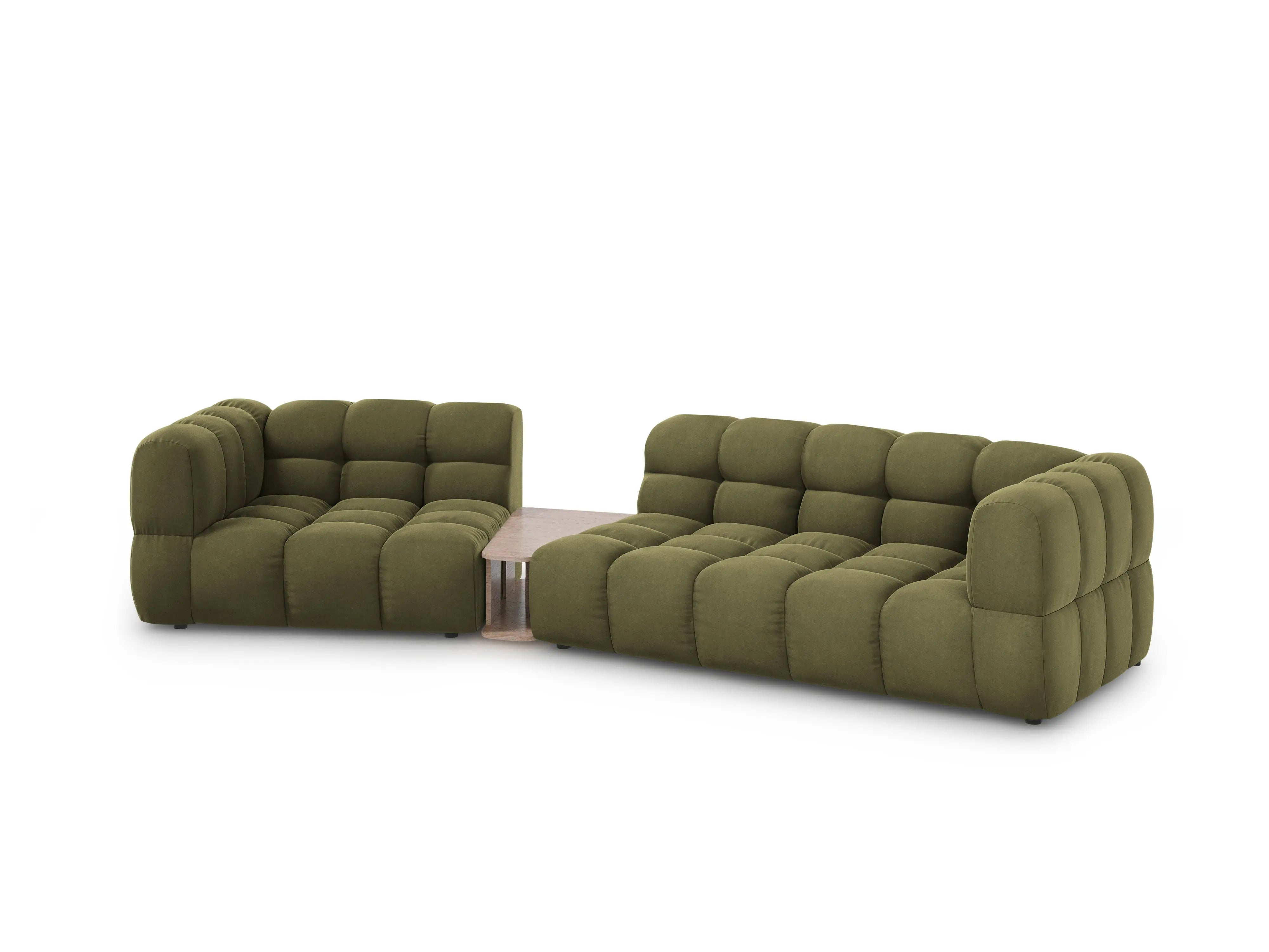 Sofa aksamitna lewostronna 3-osobowa zaokrąglona ze stolikiem SKY jasnozielony – Cosmopolitan Design