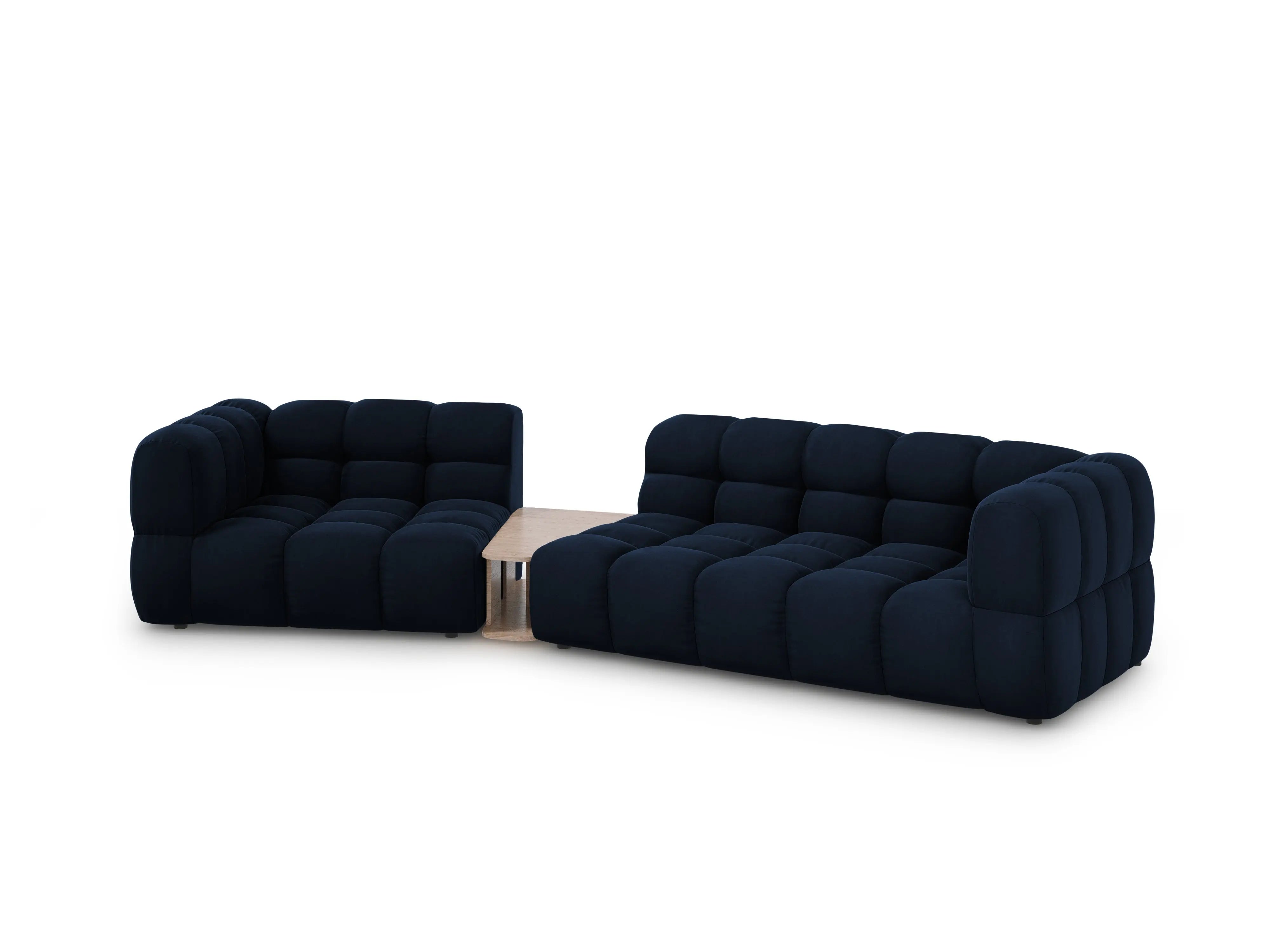 Sofa aksamitna lewostronna 3-osobowa zaokrąglona ze stolikiem SKY granat królewski – Cosmopolitan Design