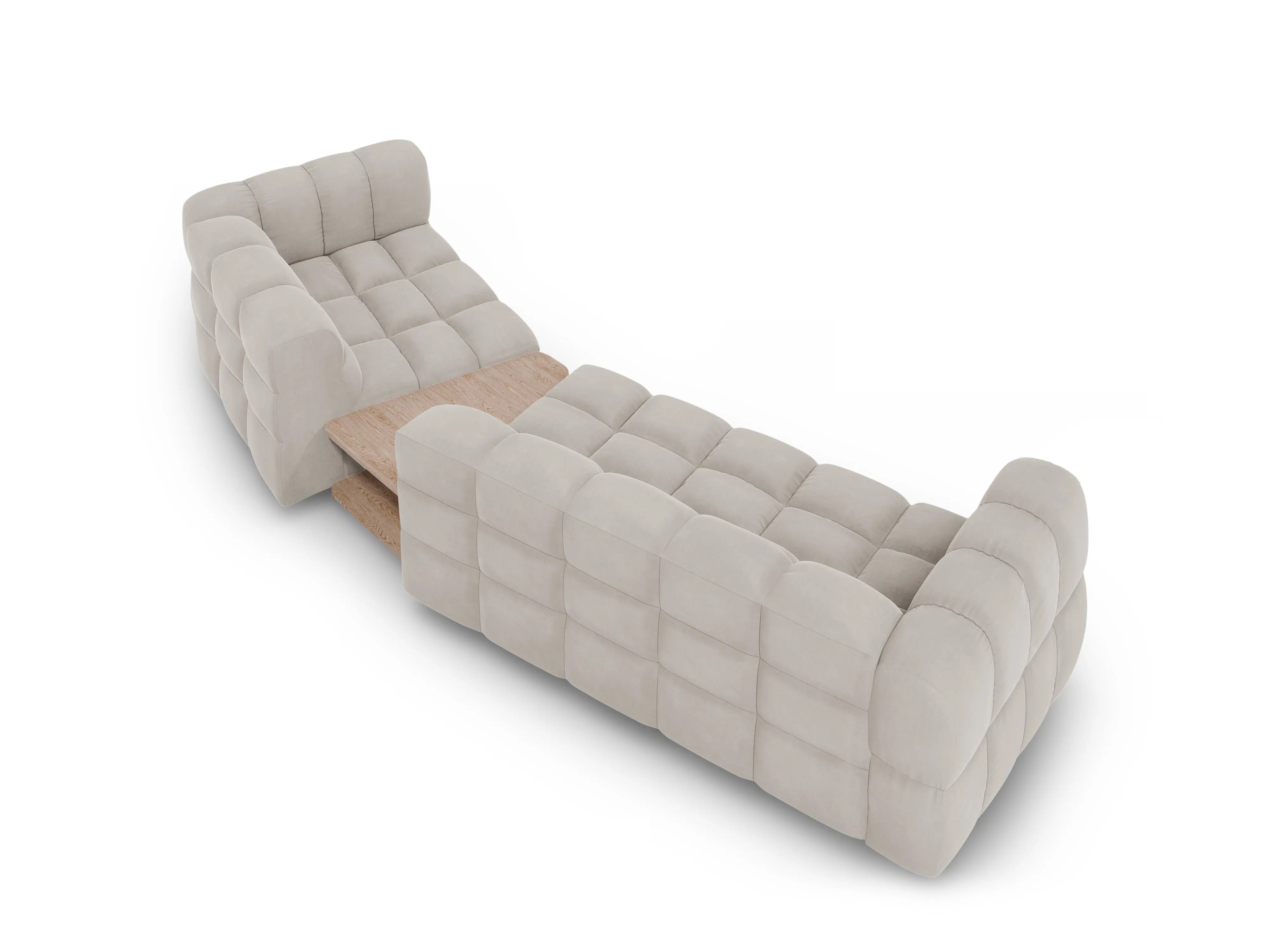 Sofa aksamitna prawostronna 3-osobowa zaokrąglona ze stolikiem SKY jasnobeżowy – Cosmopolitan Design
