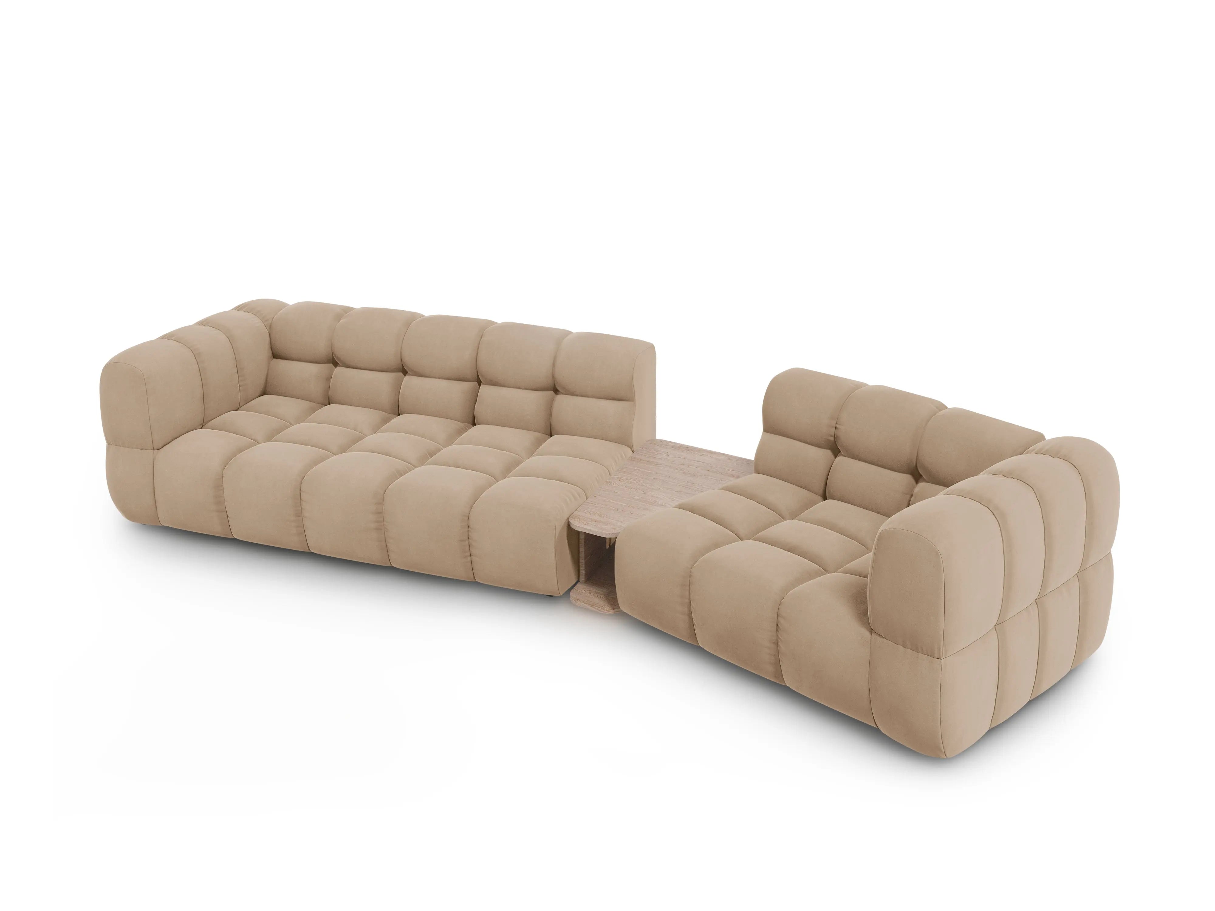 Sofa aksamitna prawostronna 3-osobowa zaokrąglona ze stolikiem SKY piaskowy – Cosmopolitan Design
