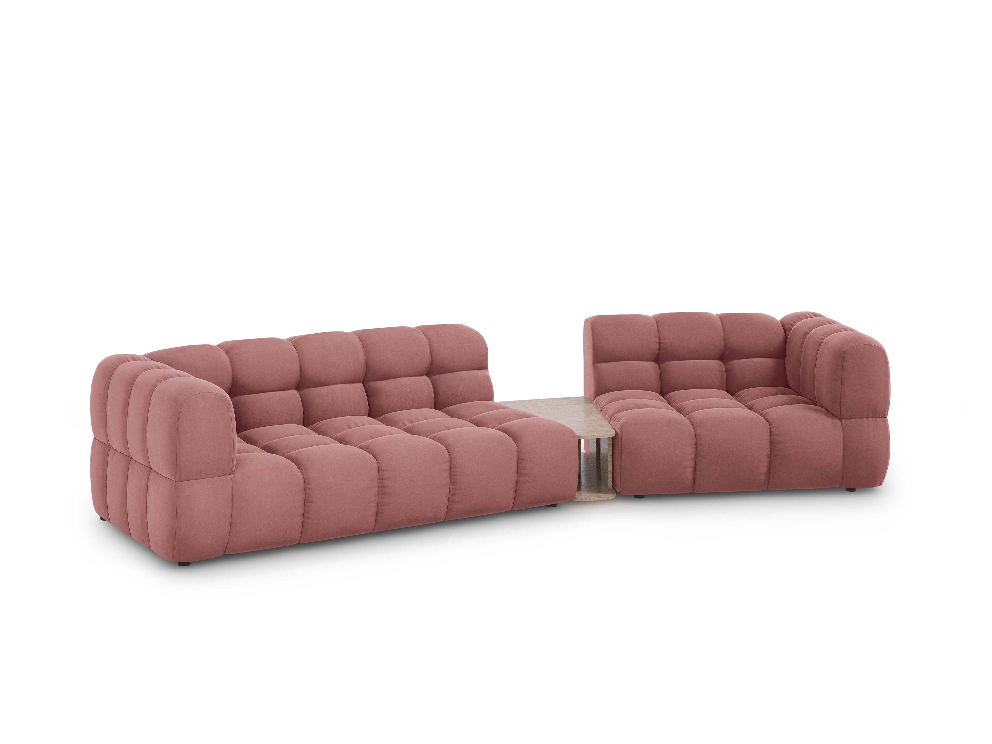 Sofa aksamitna prawostronna 3-osobowa zaokrąglona ze stolikiem SKY łososiowa Cosmopolitan Design Eye on Design