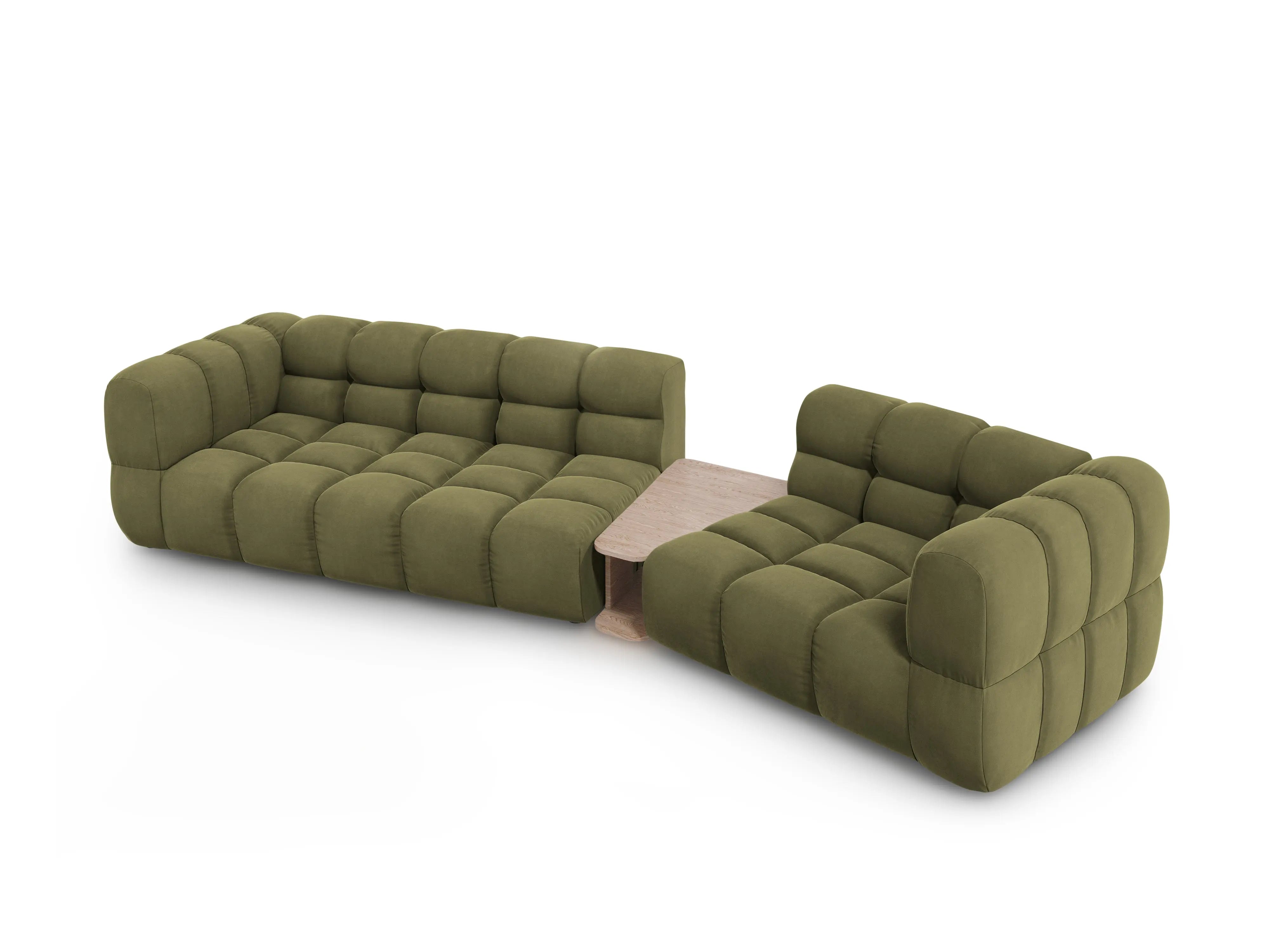 Sofa aksamitna prawostronna 3-osobowa zaokrąglona ze stolikiem SKY jasnozielony – Cosmopolitan Design