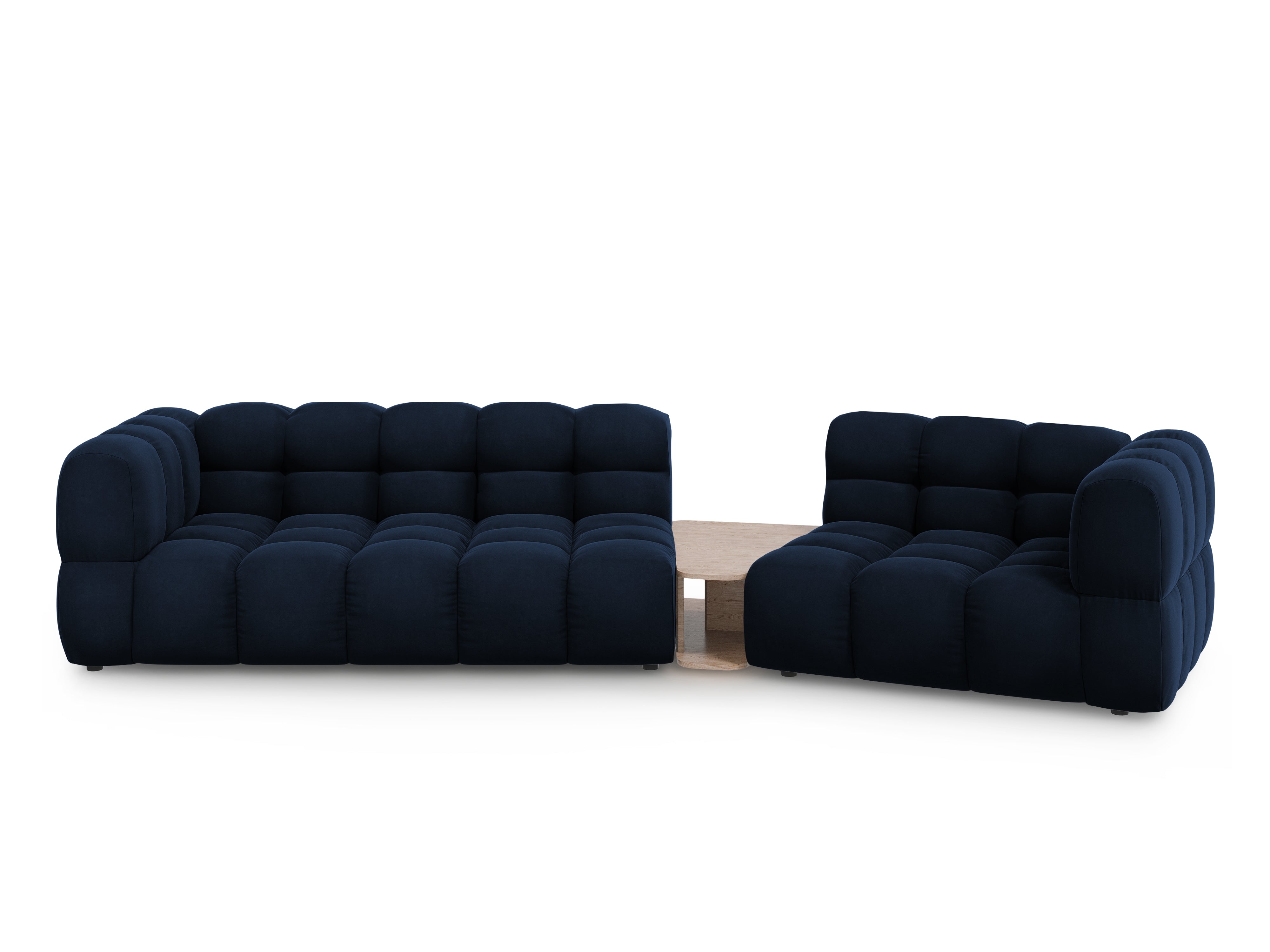 Sofa aksamitna prawostronna 3-osobowa zaokrąglona ze stolikiem SKY granat królewski Cosmopolitan Design Eye on Design