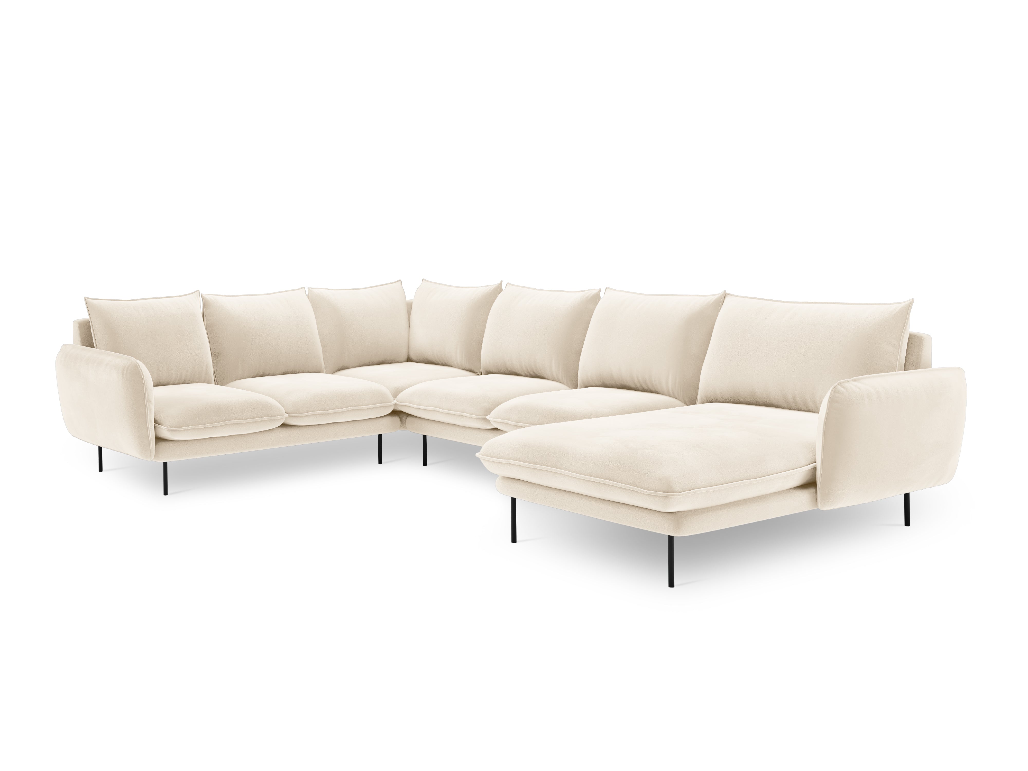 Beige left-sided velvet panoramic corner sofa for seven people VIENNA with a black base