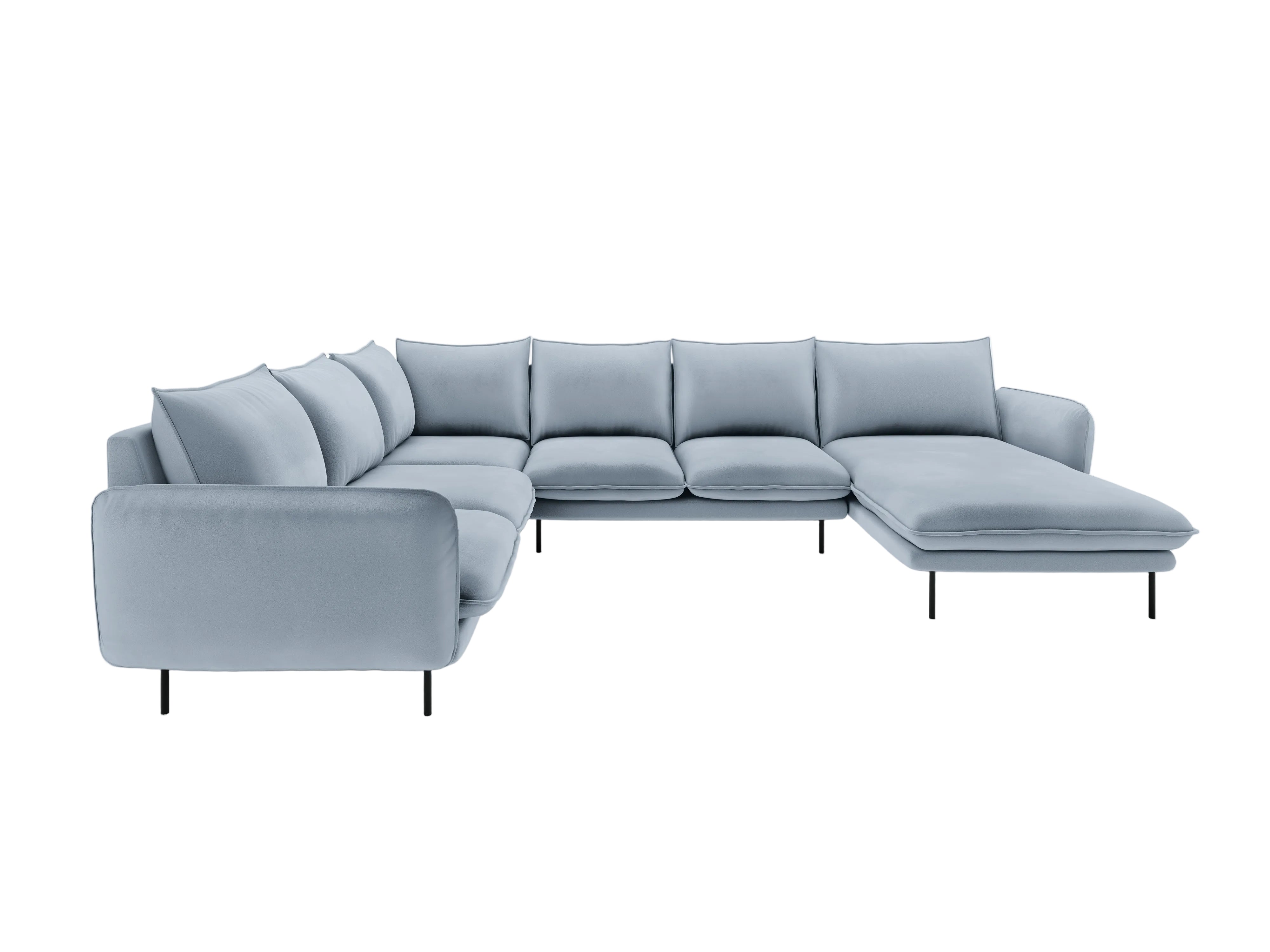 Panoramic Velvet Left-Side Corner Sofa for 7 People VIENNA Light Blue with Black Base