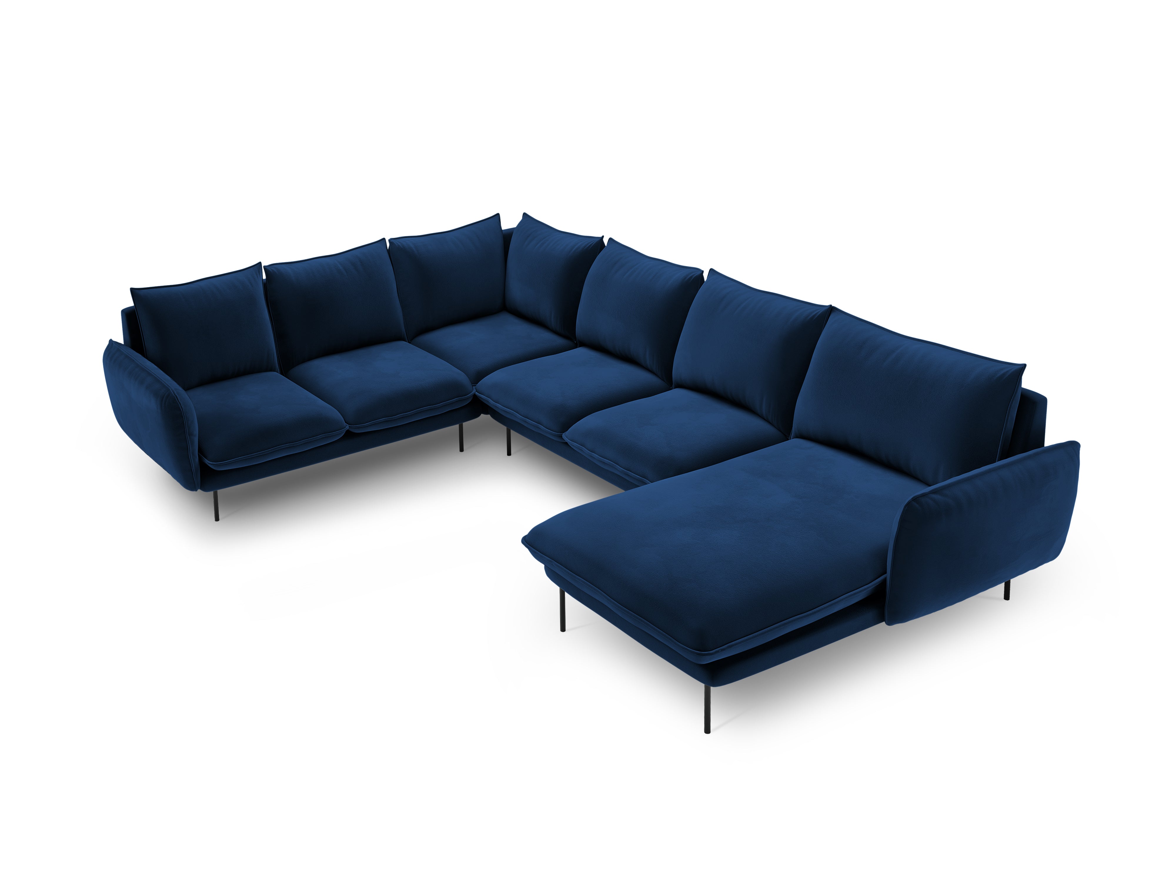 Left-facing velvet panoramic corner sofa for 7 people VIENNA in royal blue with a black base