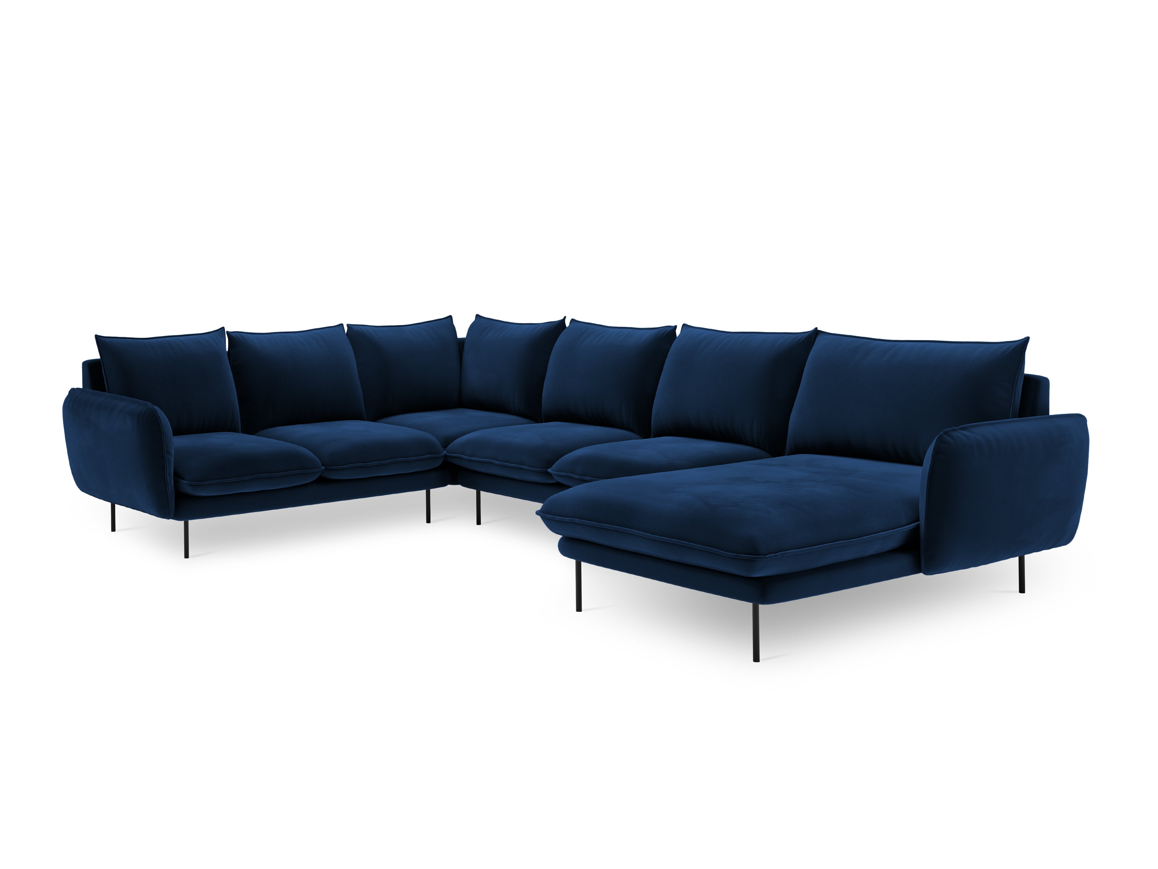 Left-facing velvet panoramic corner sofa for 7 people VIENNA in royal blue with a black base