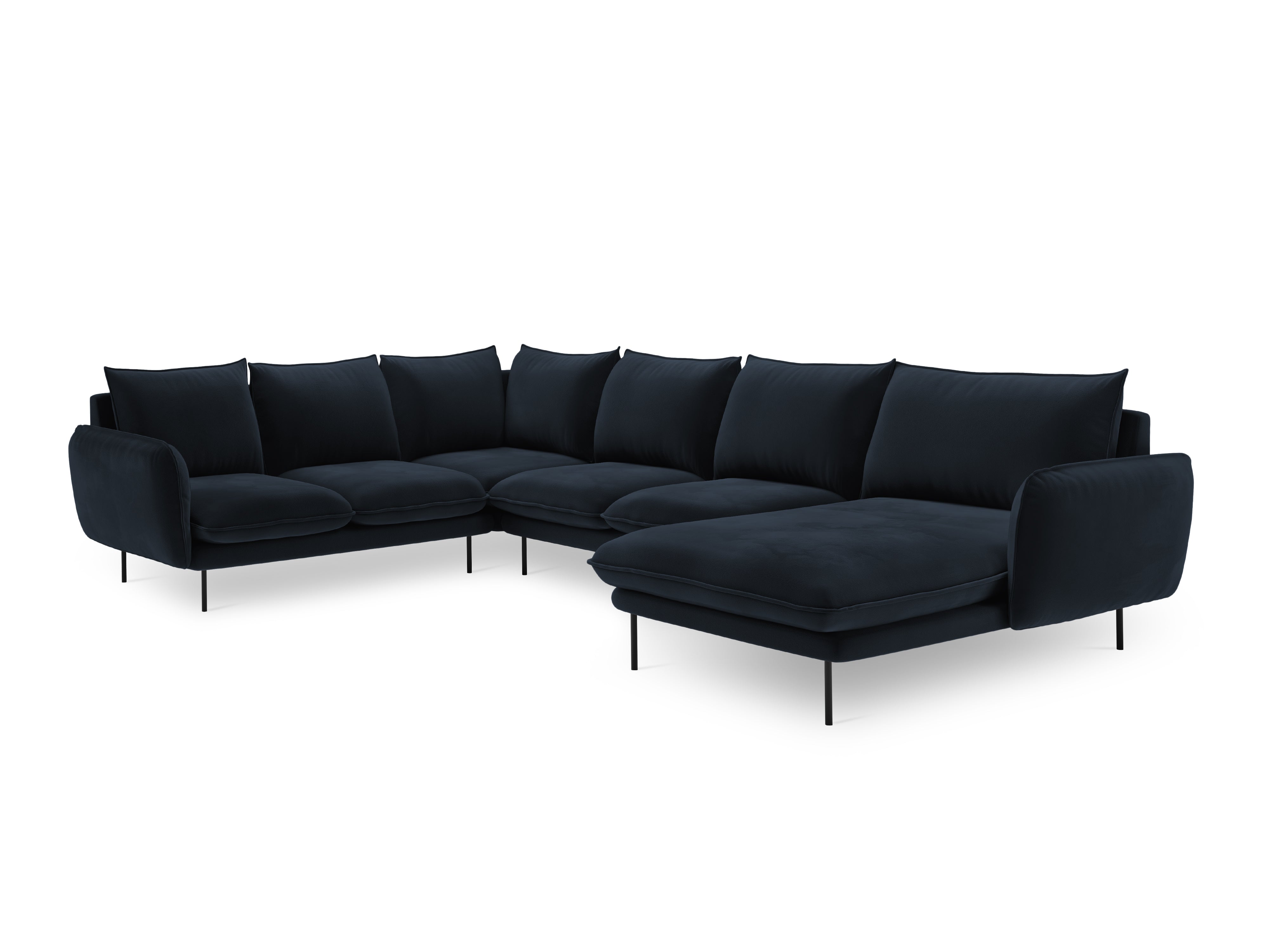Panoramic Velvet Left-Facing Sofa for 7 People VIENNA in Dark Blue with Black Base