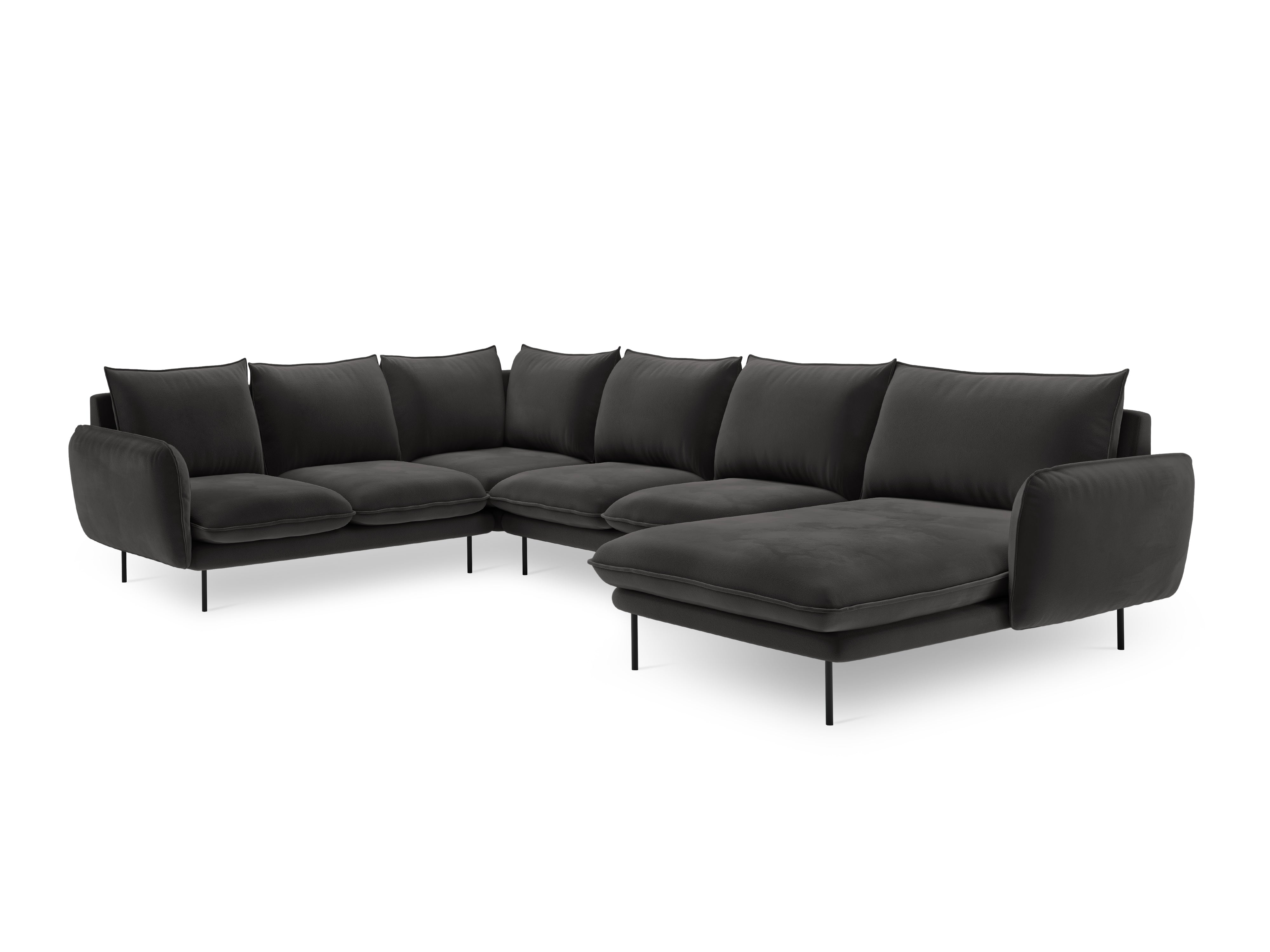 Panoramic Velvet Left-Facing Sofa for 7 People VIENNA Dark Gray with Black Base