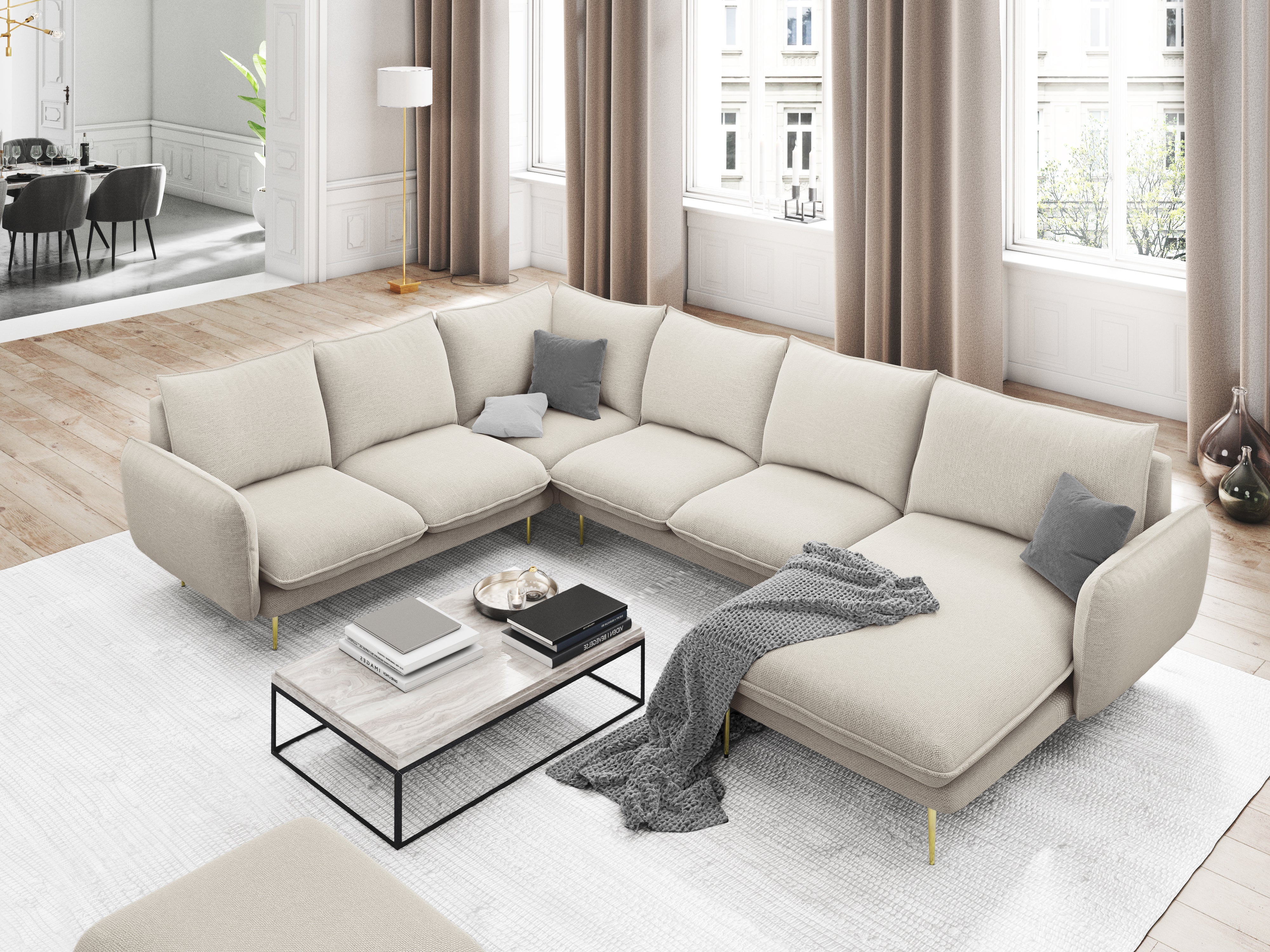 Beige left-sided velvet panoramic corner sofa for seven people VIENNA with a black base