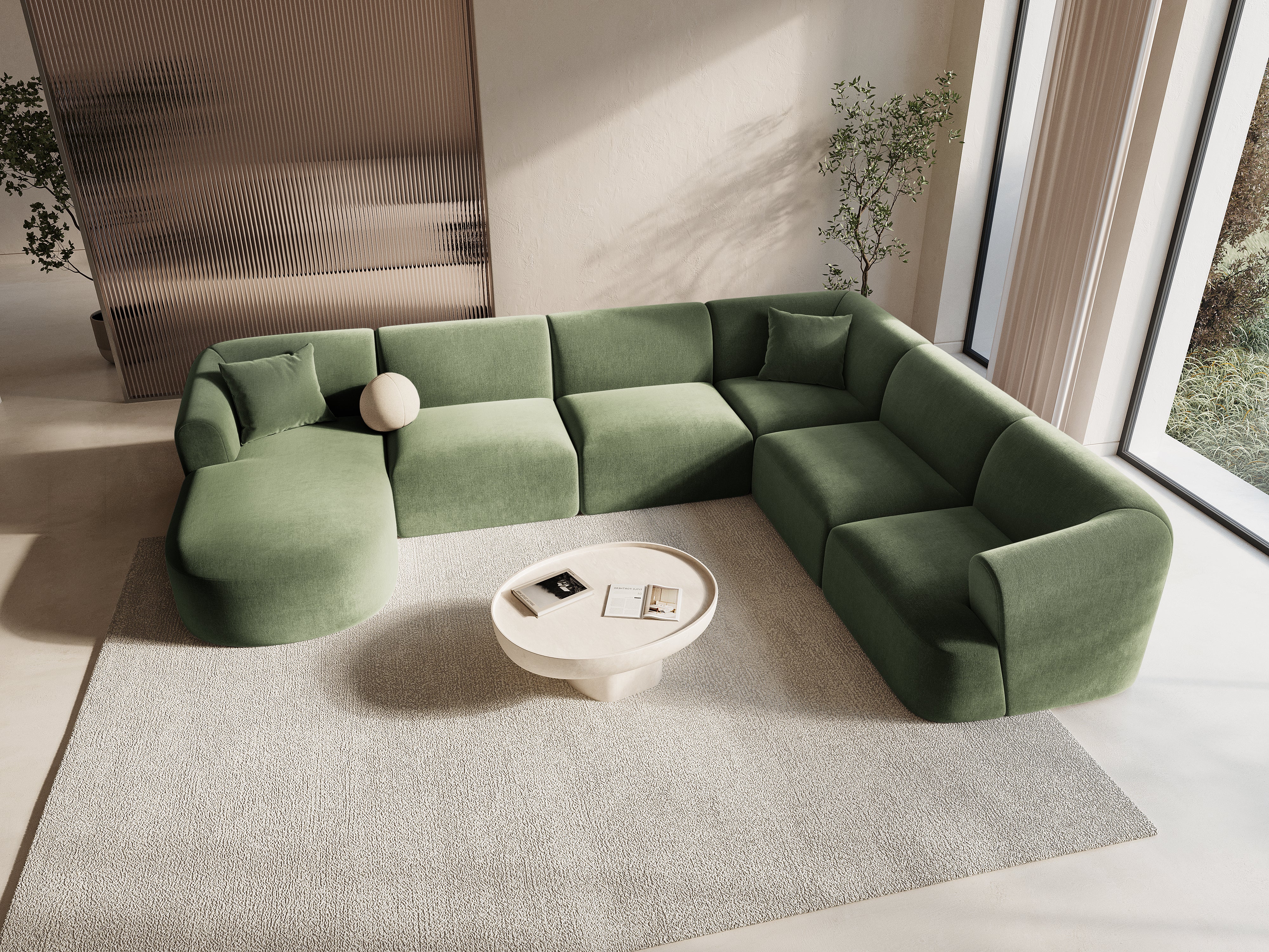 Right-facing velvet panoramic corner sofa for 7 people CAMPI green