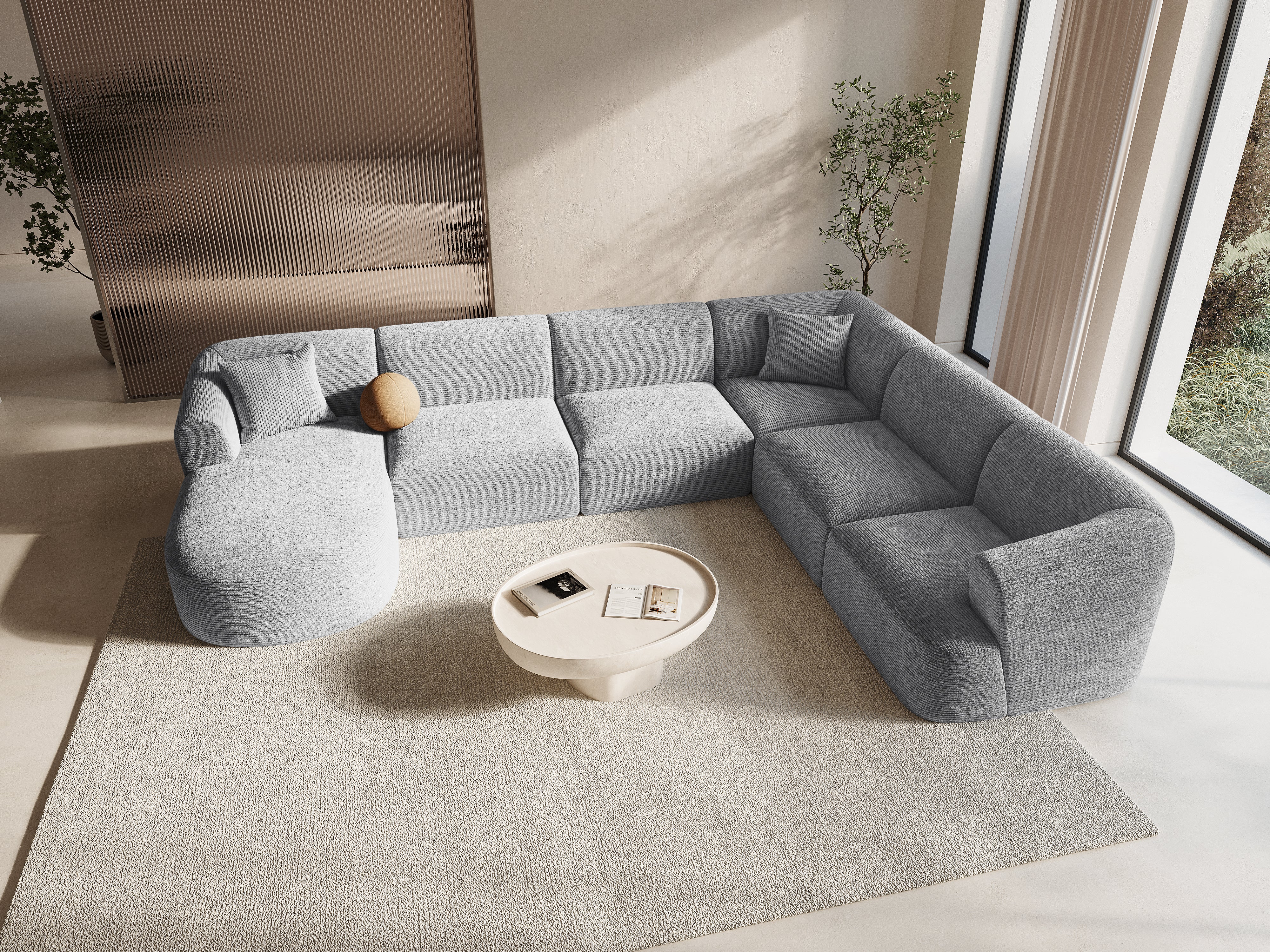 Pravostranný panoramatický rohový gauč pre 7 osôb CAMPI svetlosivý zamat