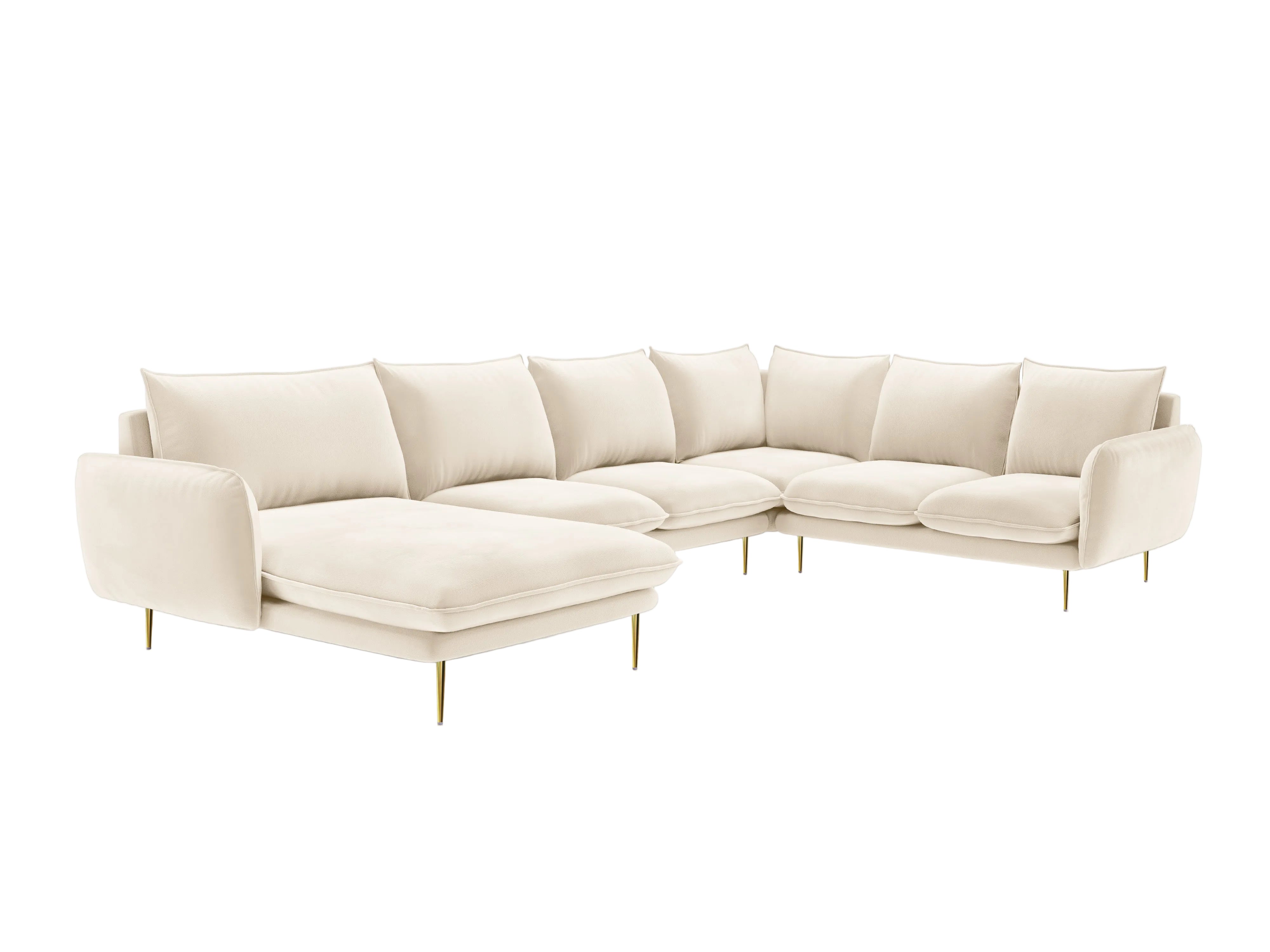 Beige velvet right-facing panoramic corner sofa for seven people VIENNA with a golden base