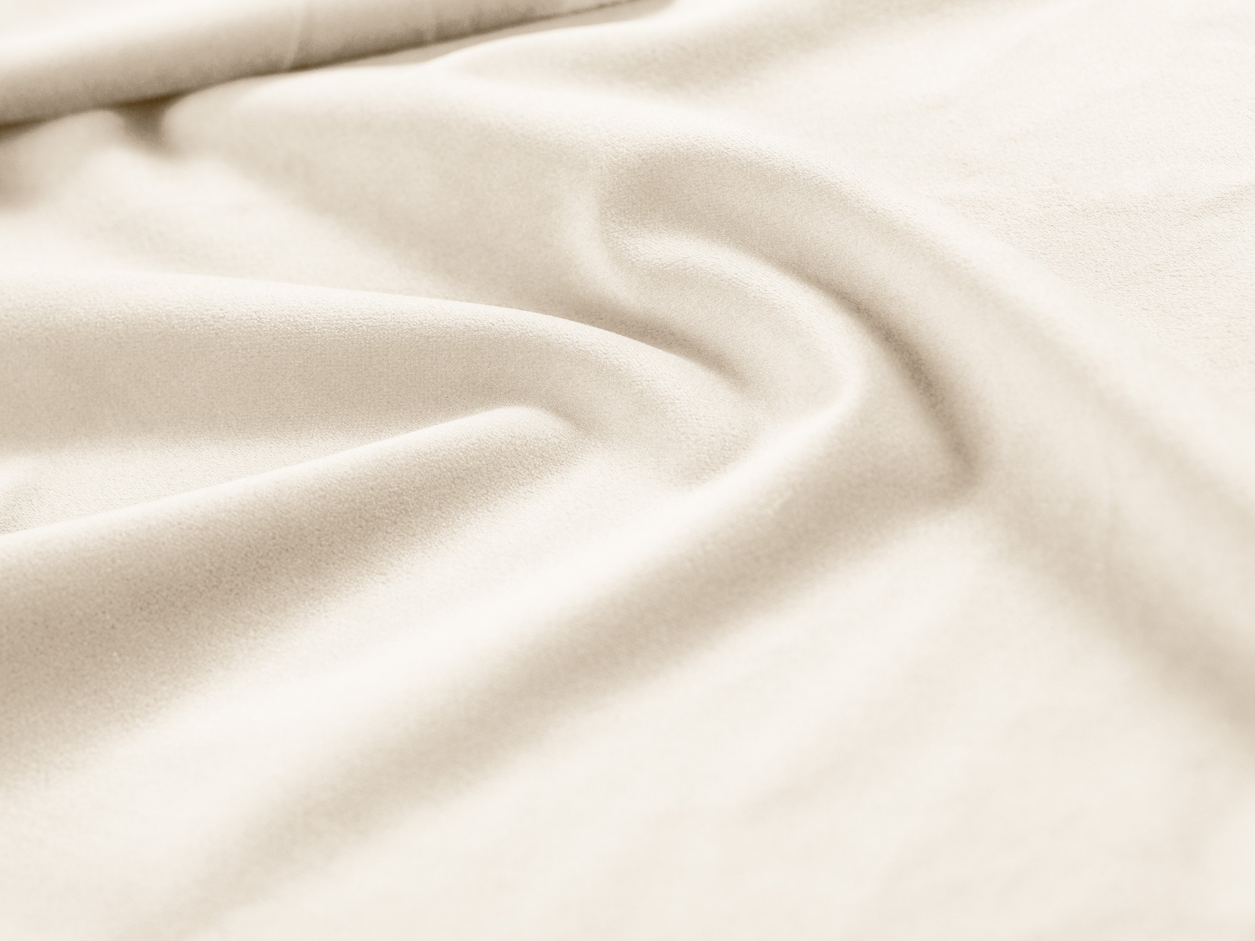 Beige velvet right-facing panoramic corner sofa for seven people VIENNA with a golden base