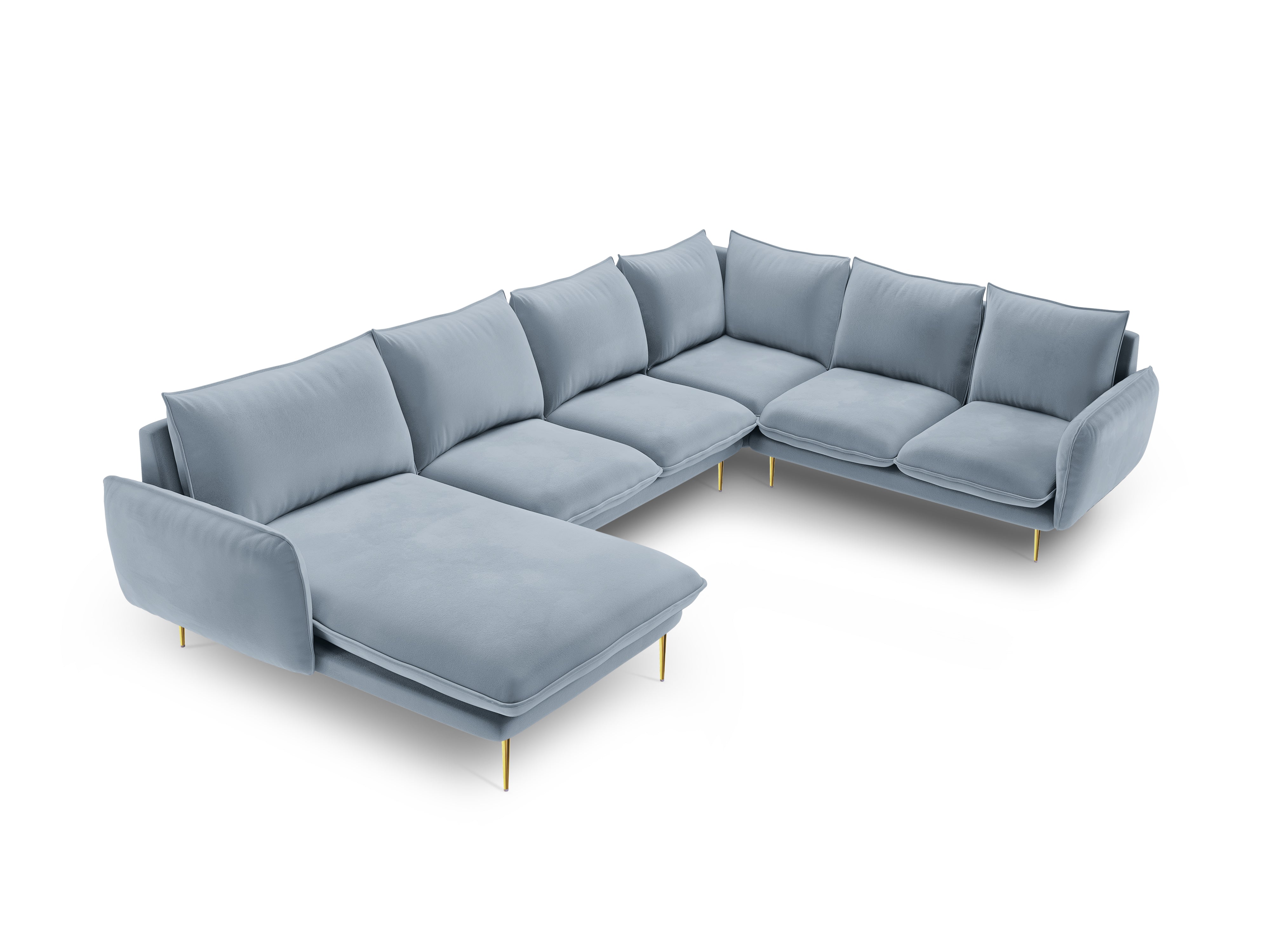 Panoramic Velvet Corner Sofa Right-Handed 7-Seater VIENNA Light Blue with Gold Base