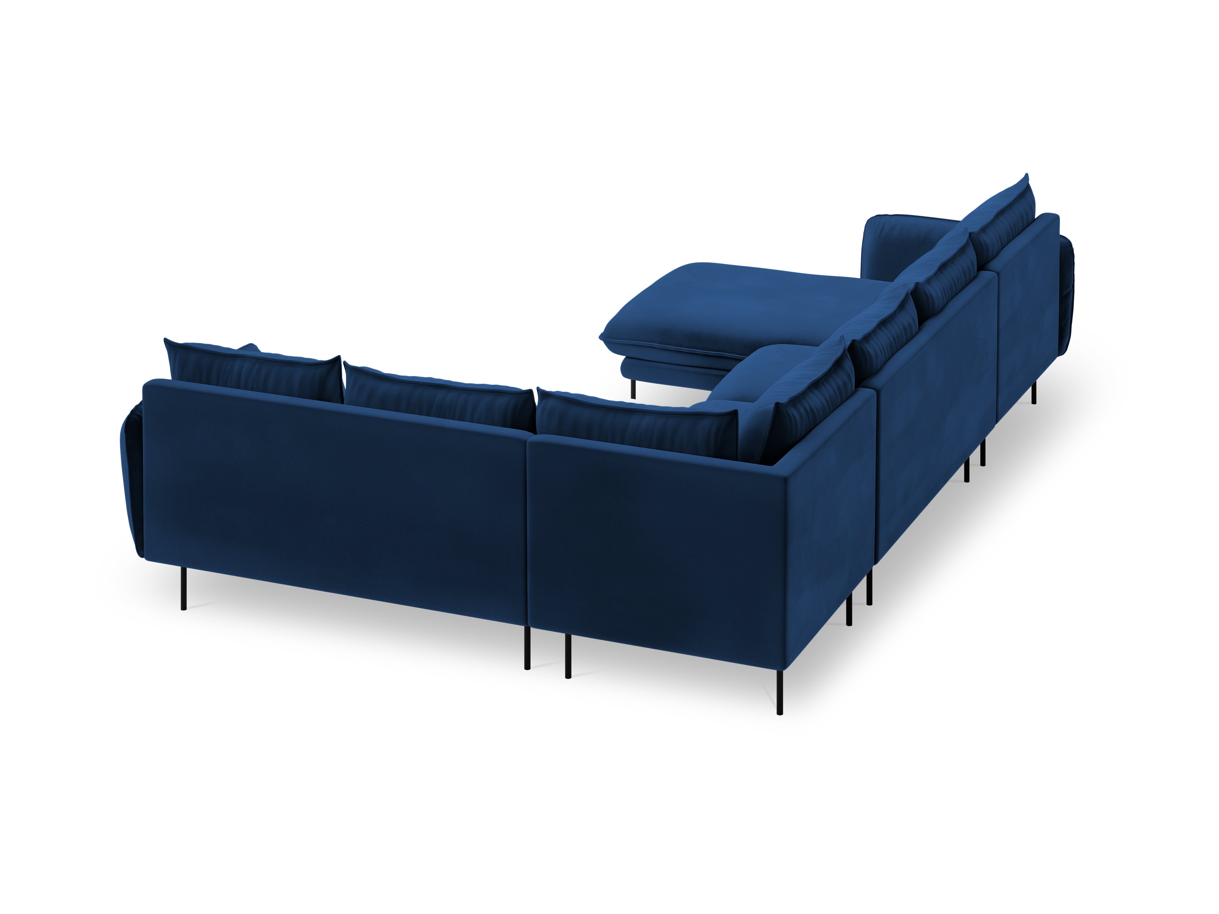 Royal blue velvet right-facing panoramic corner sofa for 7 people VIENNA with a black base