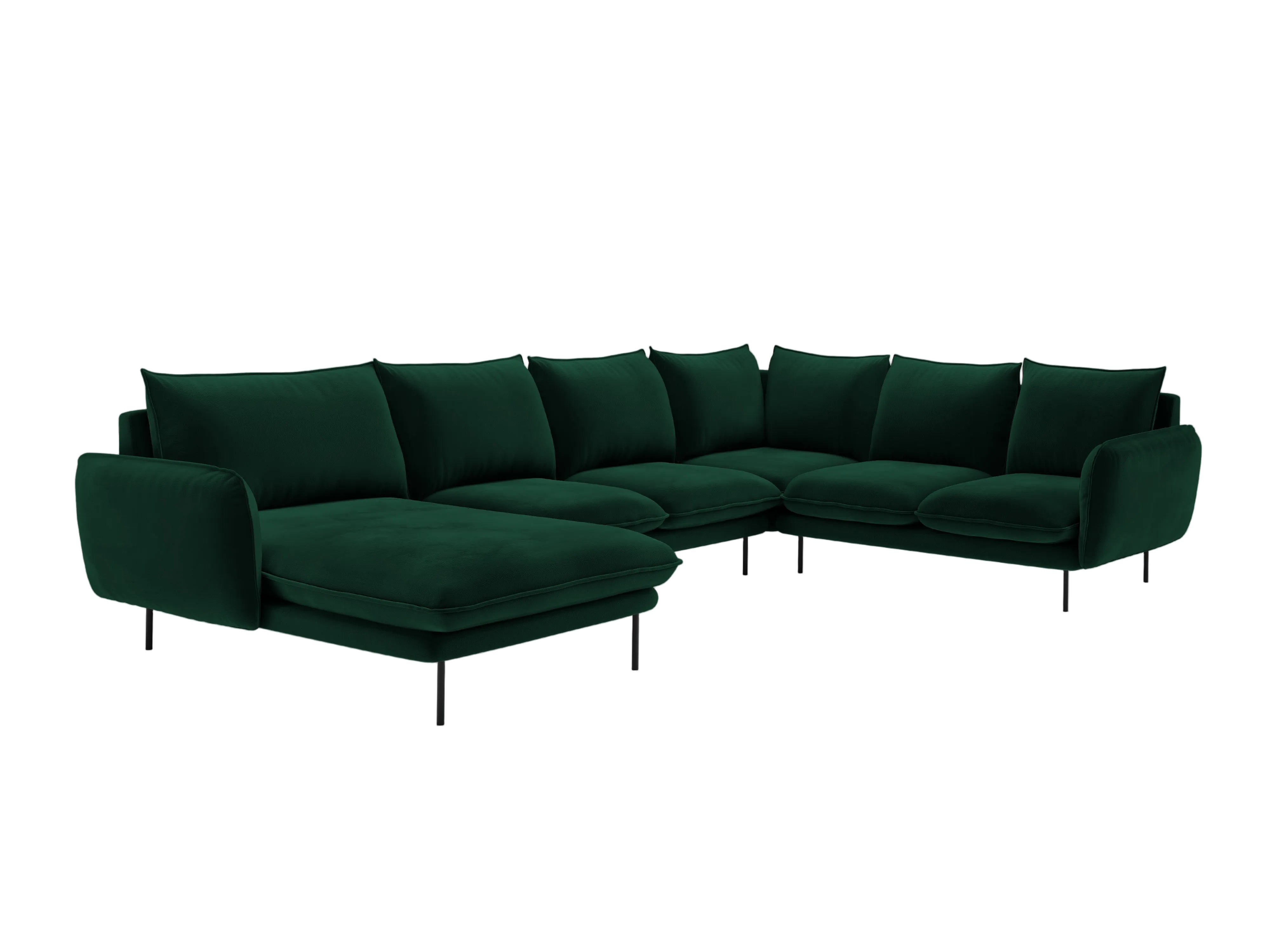 Velvet panoramic corner sofa, right-facing, 7-seater, VIENNA, bottle green with black base