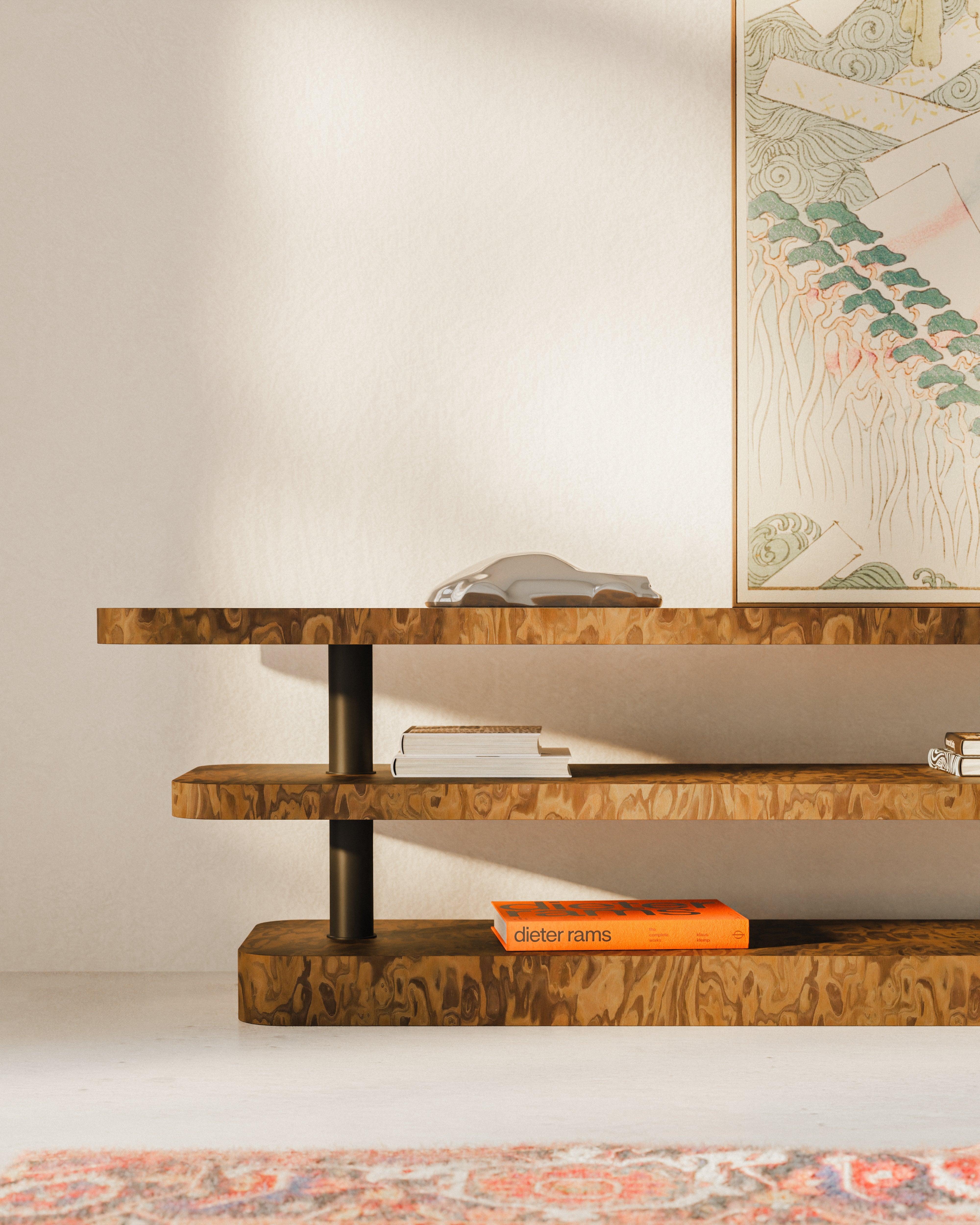 Televízna skrinka REL dyha California Burl s čiernymi prvkami