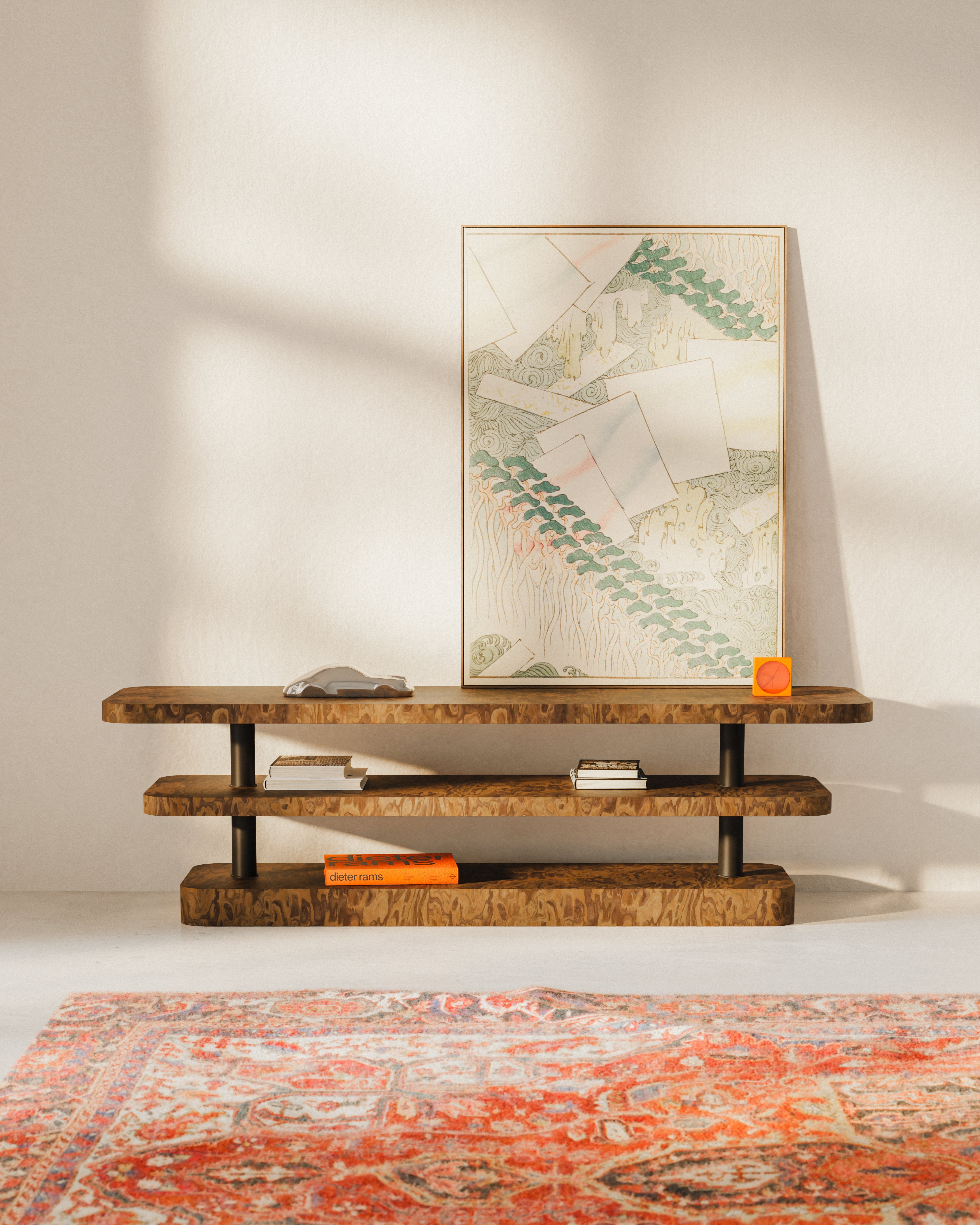 Televízna skrinka REL dyha California Burl s čiernymi prvkami