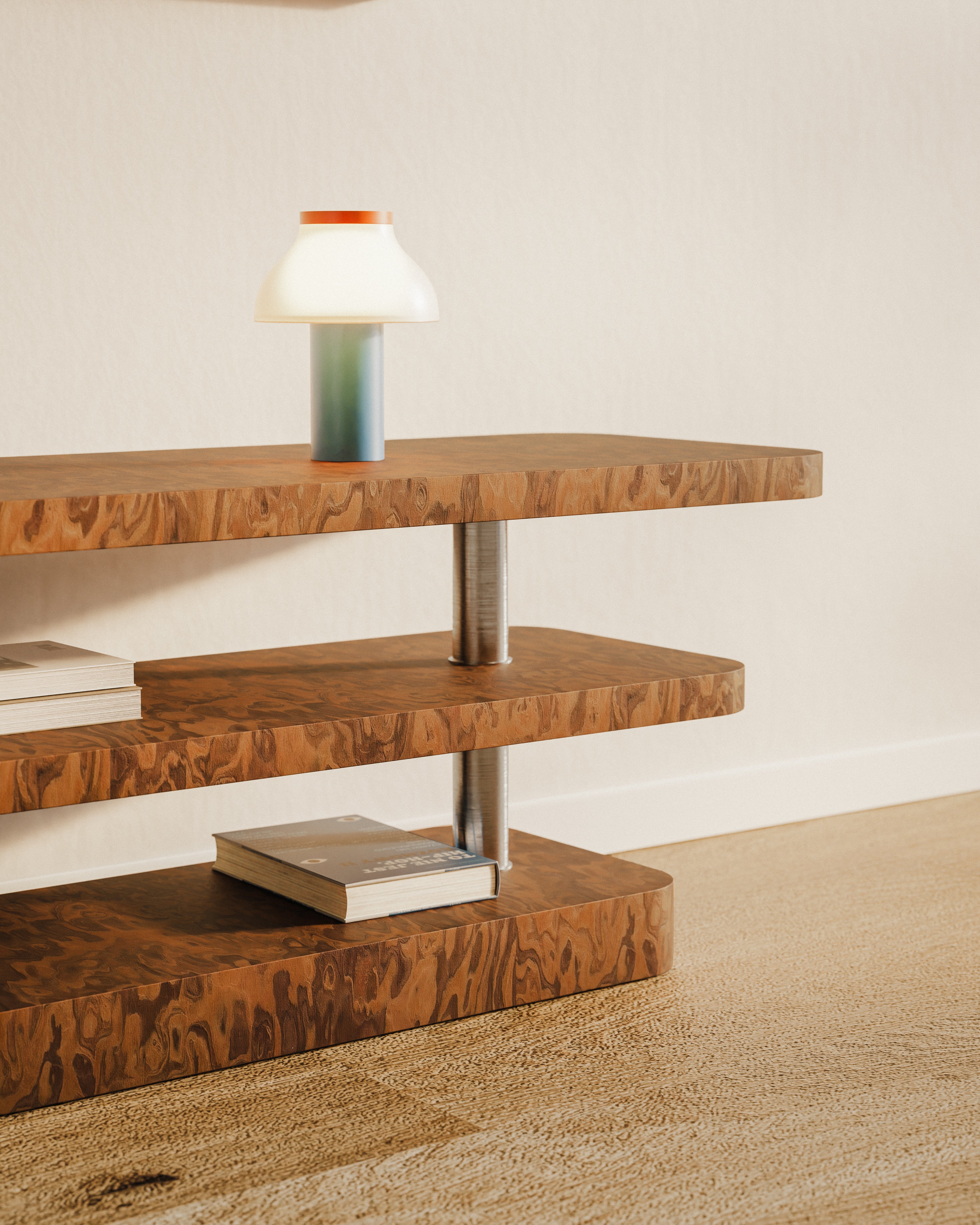 Televízna skrinka REL dyha California Burl so oceľovými prvkami