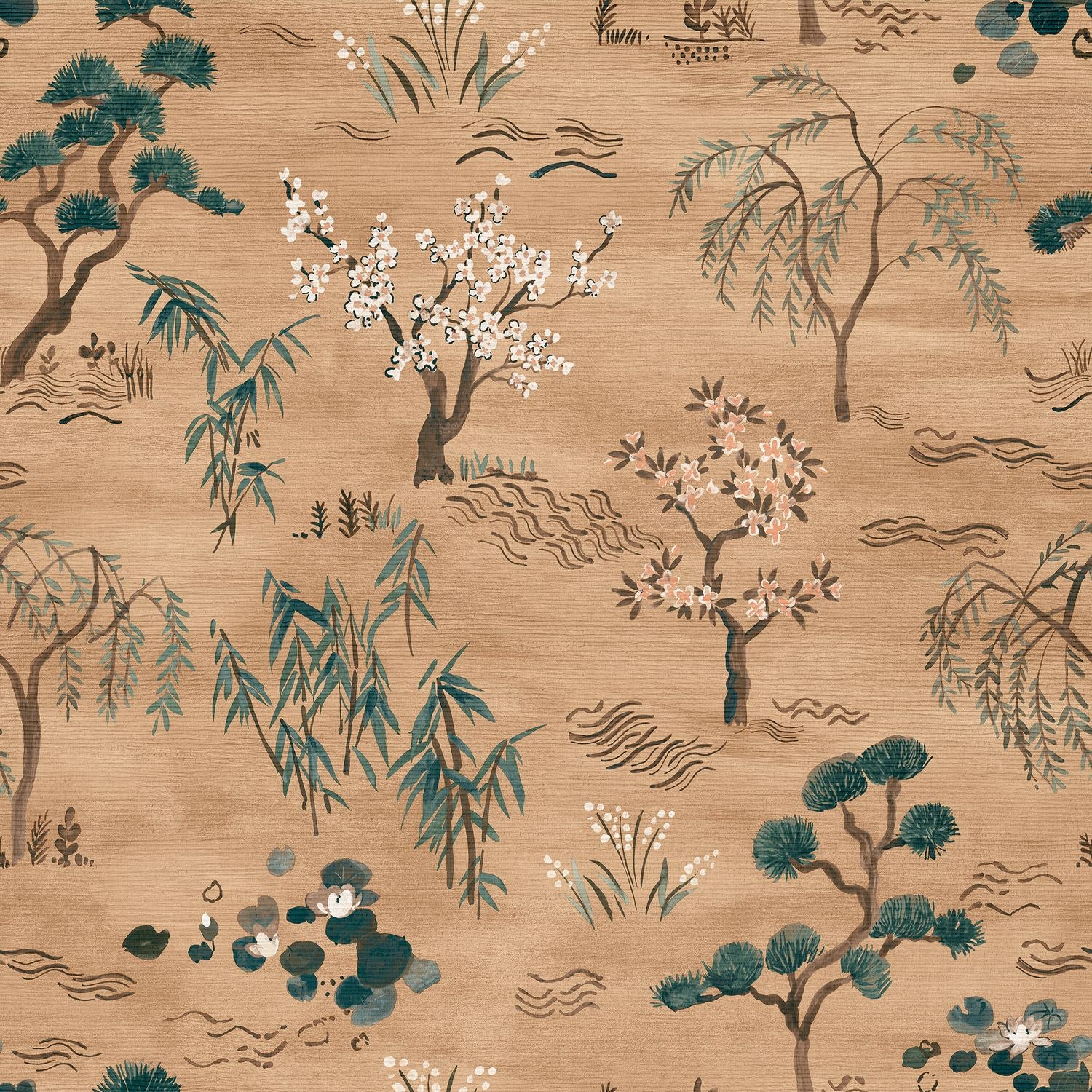 Structural wallpaper with an oriental tree plant motif LEGENDES - DORÉ caramel