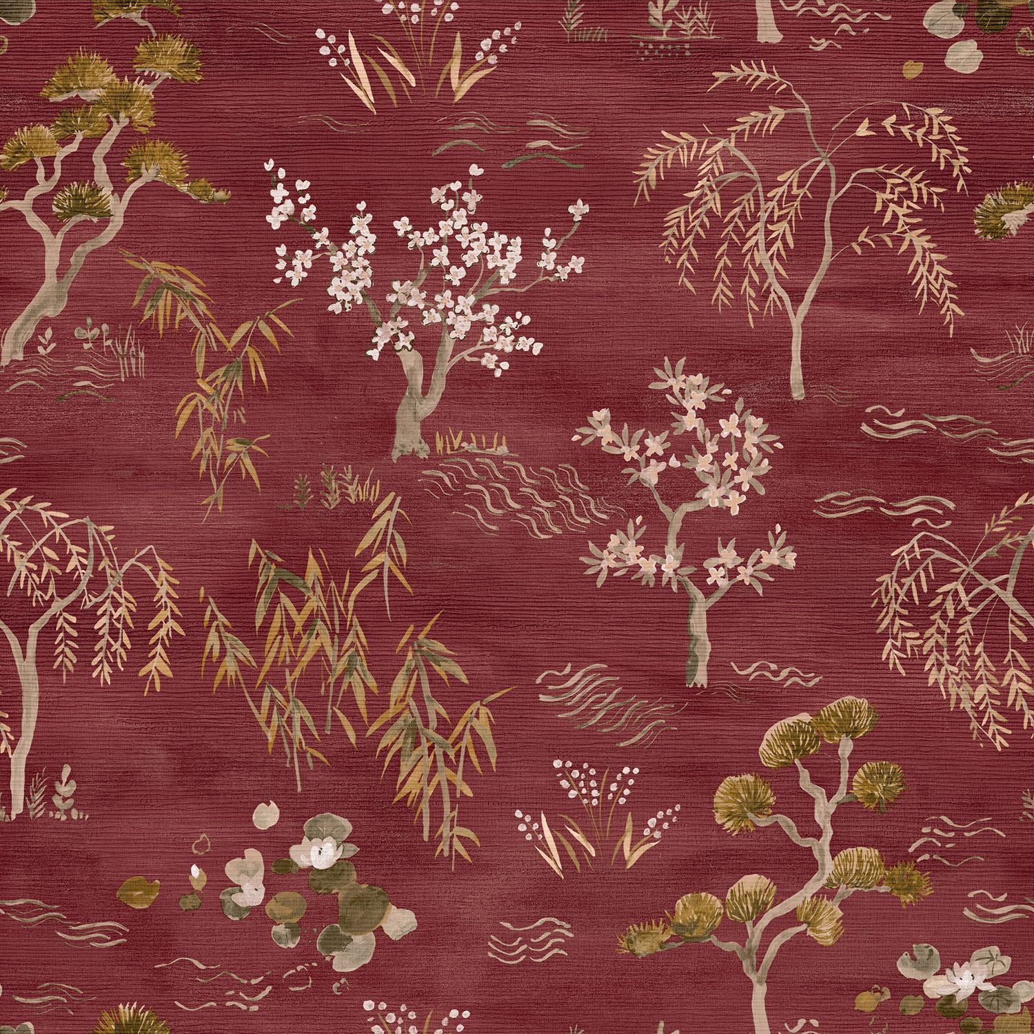 Structural wallpaper with an oriental tree plant motif LEGENDES - BORDEAUX burgundy