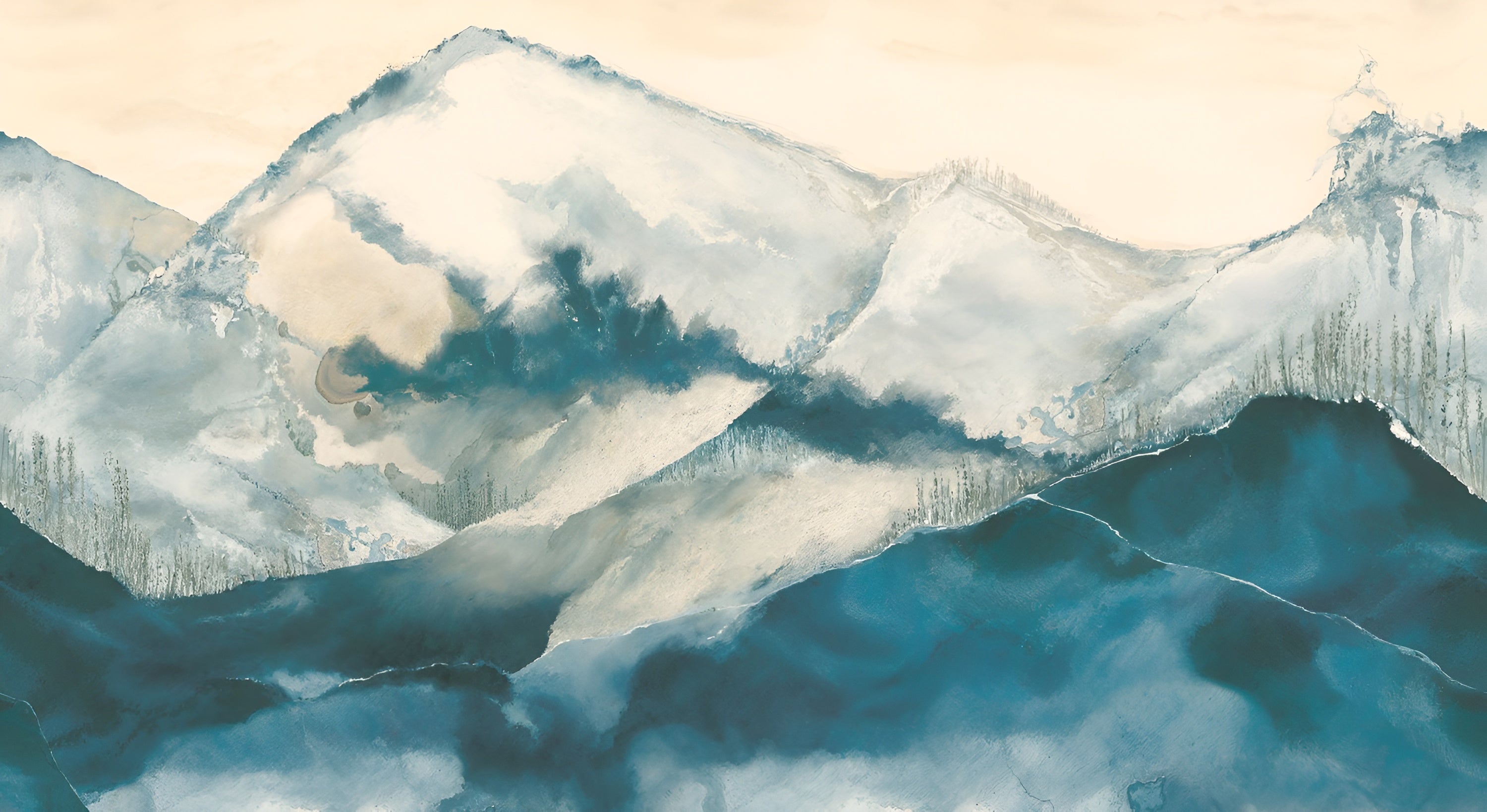 Nástenná maľba z abaki s horským motívom HORIZON - BLEU BEIGE DORÉ modrá s béžovou