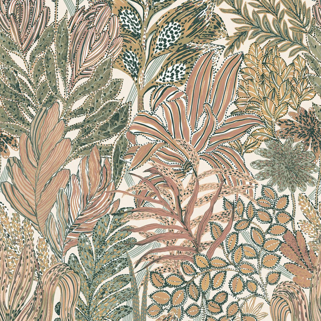 Tropical Leaf Pattern Wallpaper BORROMMEE - IVORY/BLUSH ivory with pink