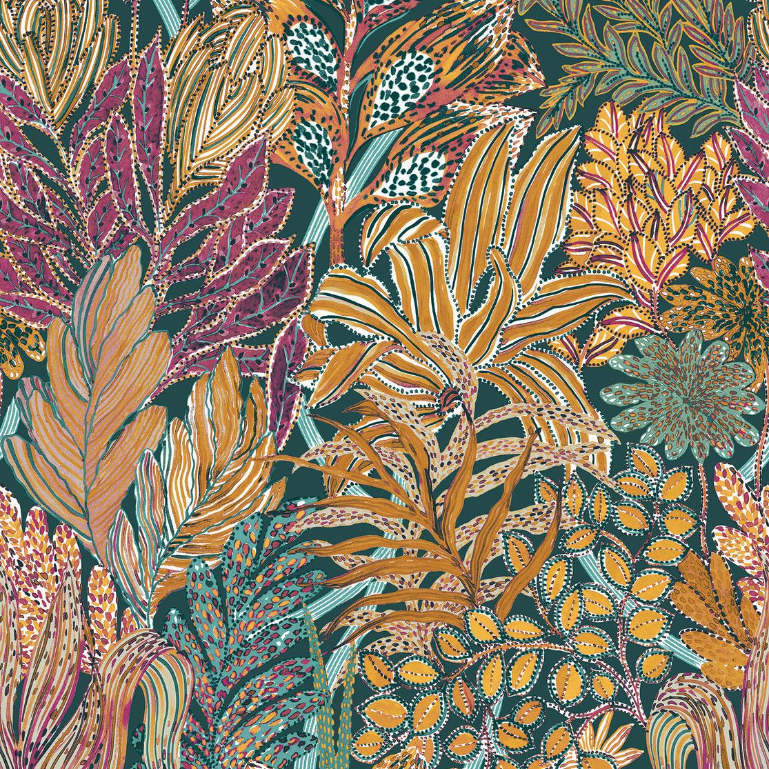 Tapeta s motívom tropických listov BORROMMEE - PÉTROLE/MULTICO tyrkysová so zelenou