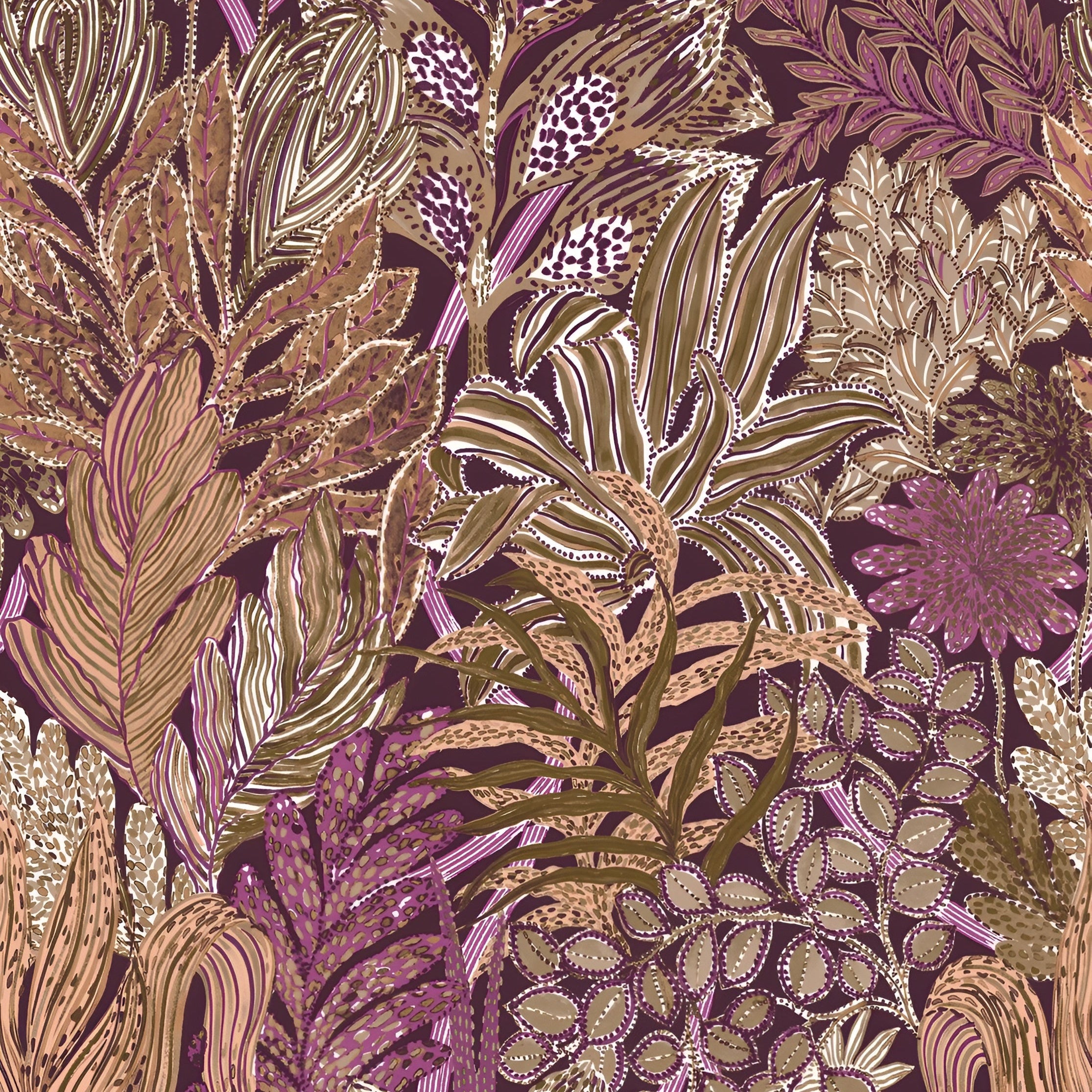 Tapeta s motívom tropických listov BORROMMEE - POURPRE/OLIVE purpurová s olivovou