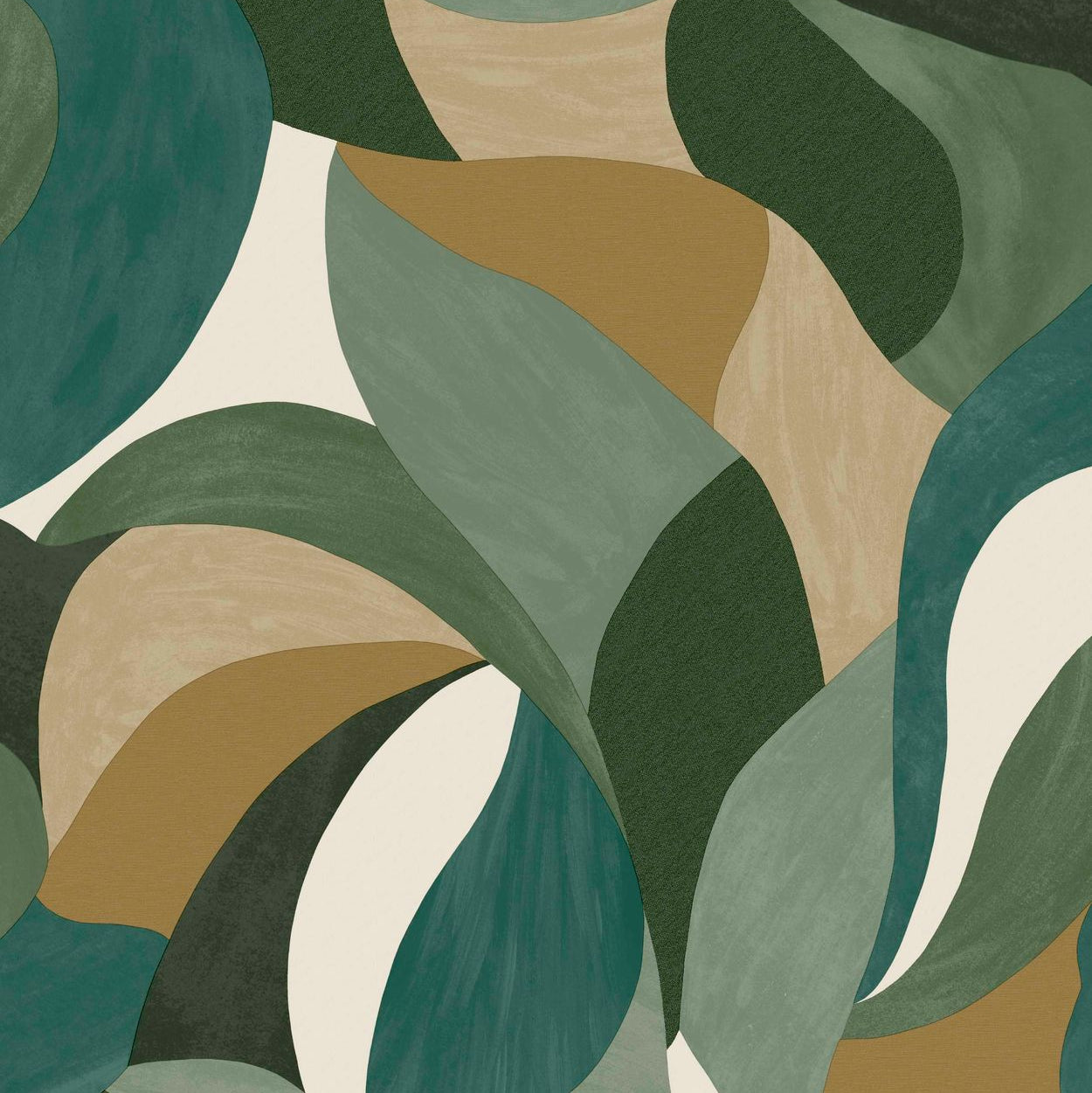 Abstract plant motif wallpaper in MANDORLA leaf - CYPRES/MORDORE green with blue