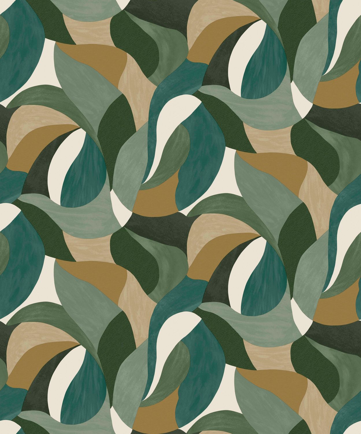 Abstract plant motif wallpaper in MANDORLA leaf - CYPRES/MORDORE green with blue