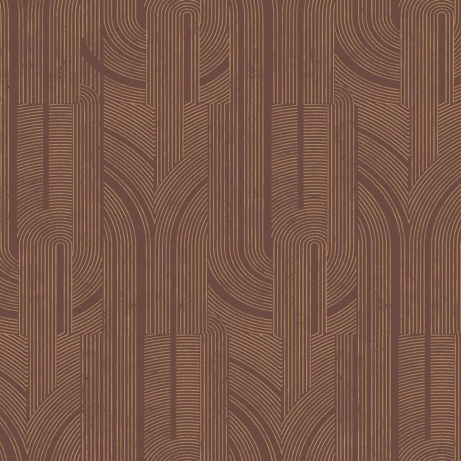 Metalická tapeta s geometrickým vzorom v líniách PORTE DORÉE - LIE DE VIN/DORÉ hnedá so zlatou