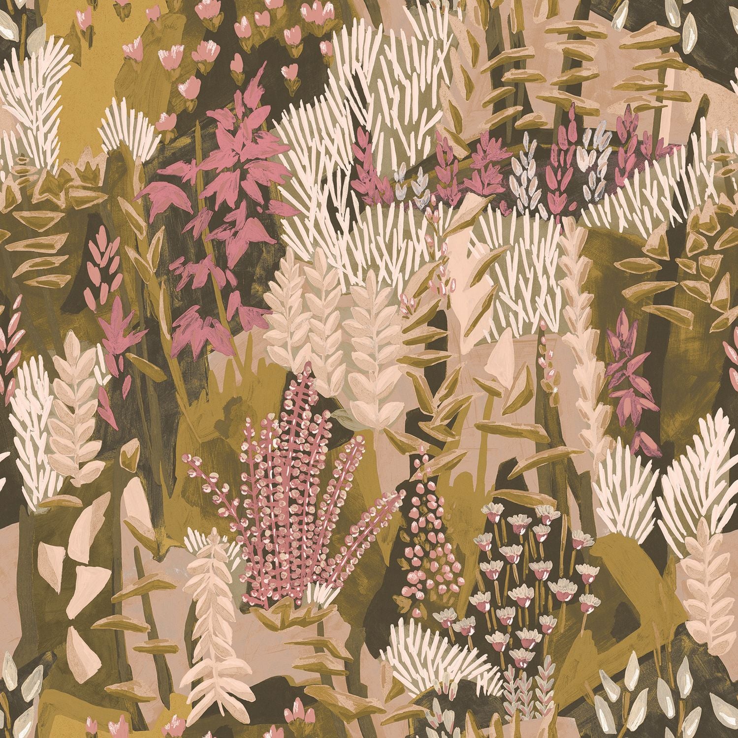Plant-themed wallpaper with leaves and flowers ERICA - VERT MOUSSE/BLUSH peach