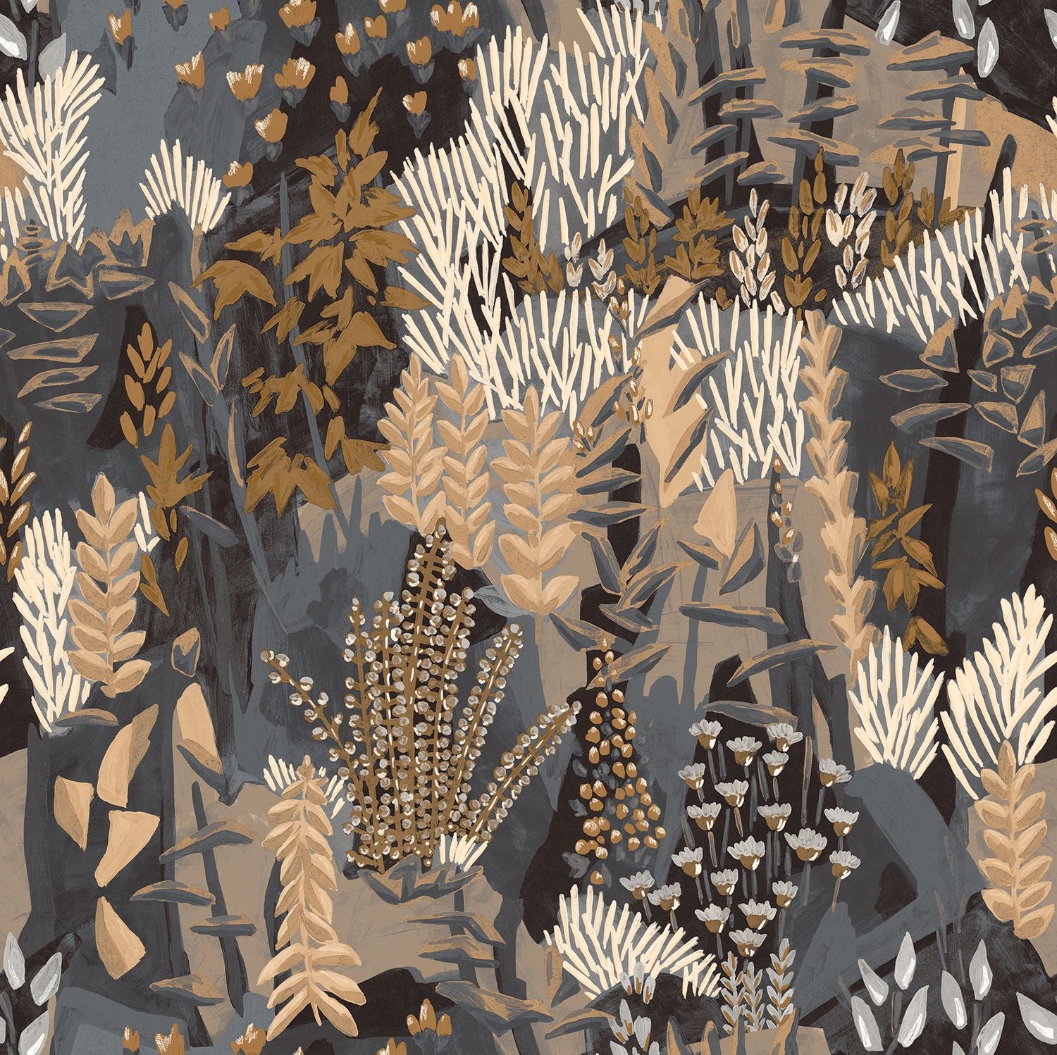 Wallpaper with a plant motif of leaves and flowers ERICA - ANTHRACITE/SABLE warm anthracite