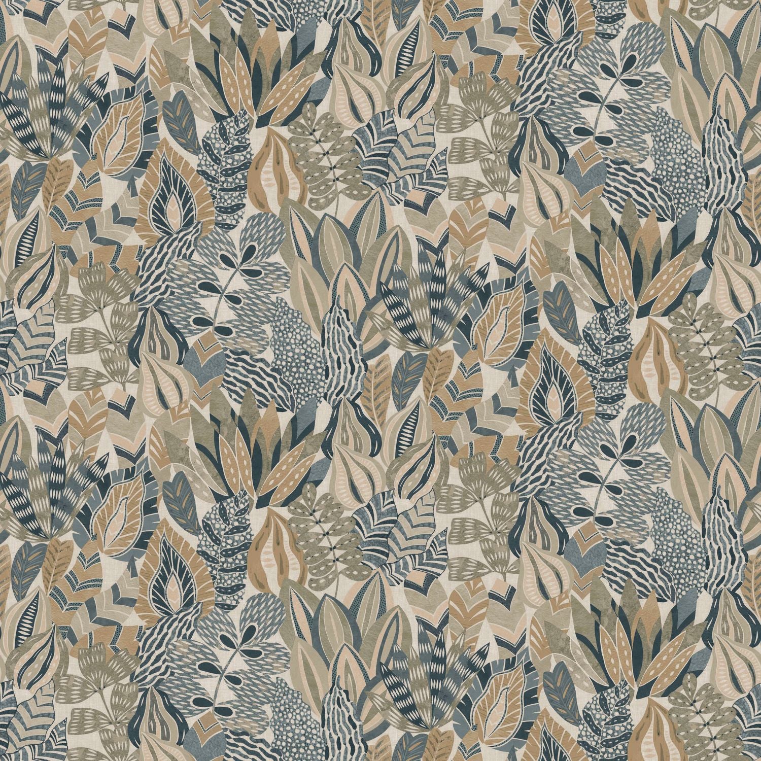 Floral Leaf Wallpaper ALFABIA - PIERRE BLEUE/TRAVERTIN Gray-Blue with Bronze