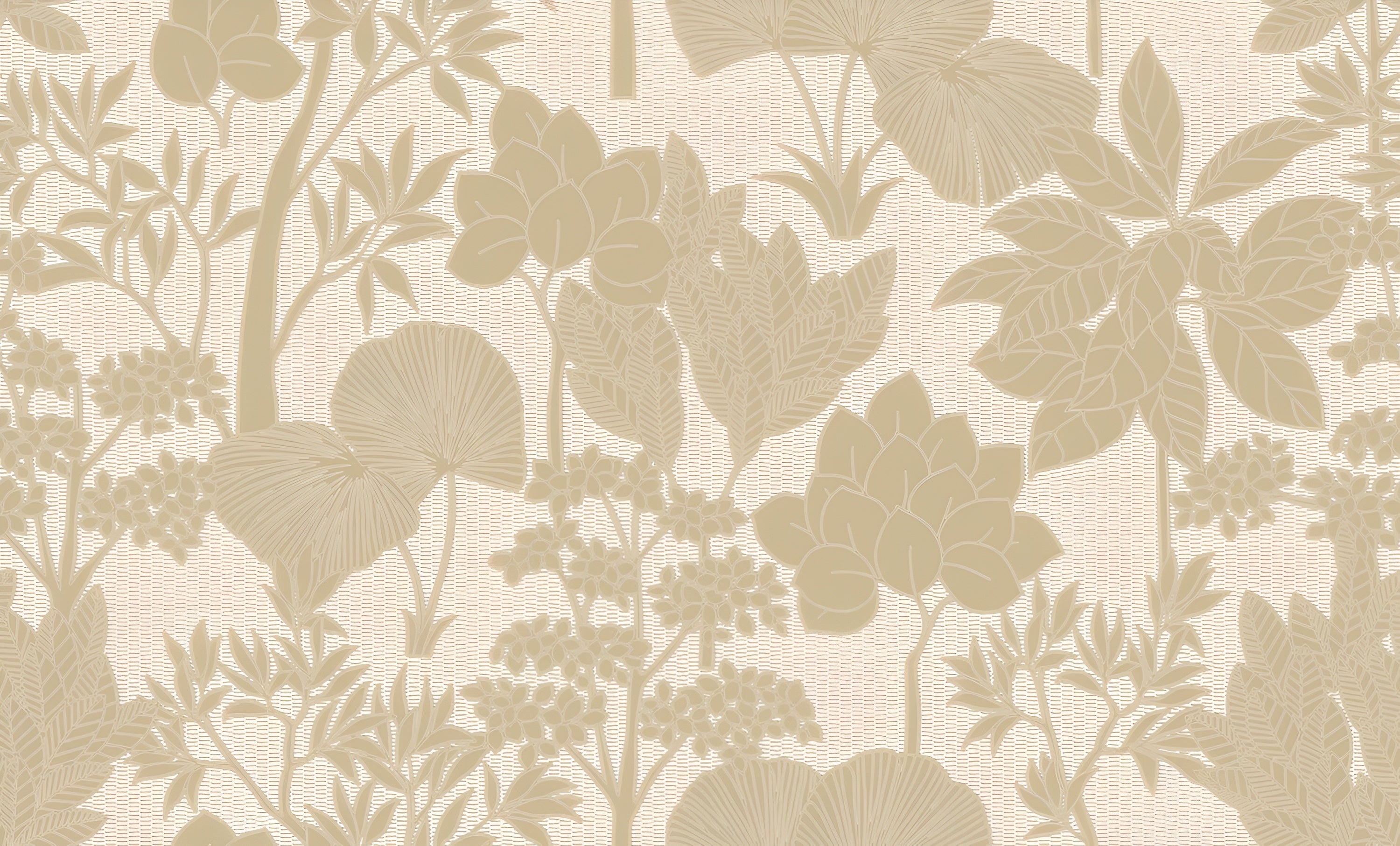 Structural wallpaper with a floral pattern of leaves and flowers INARA - AMANDE/DORÉ light beige