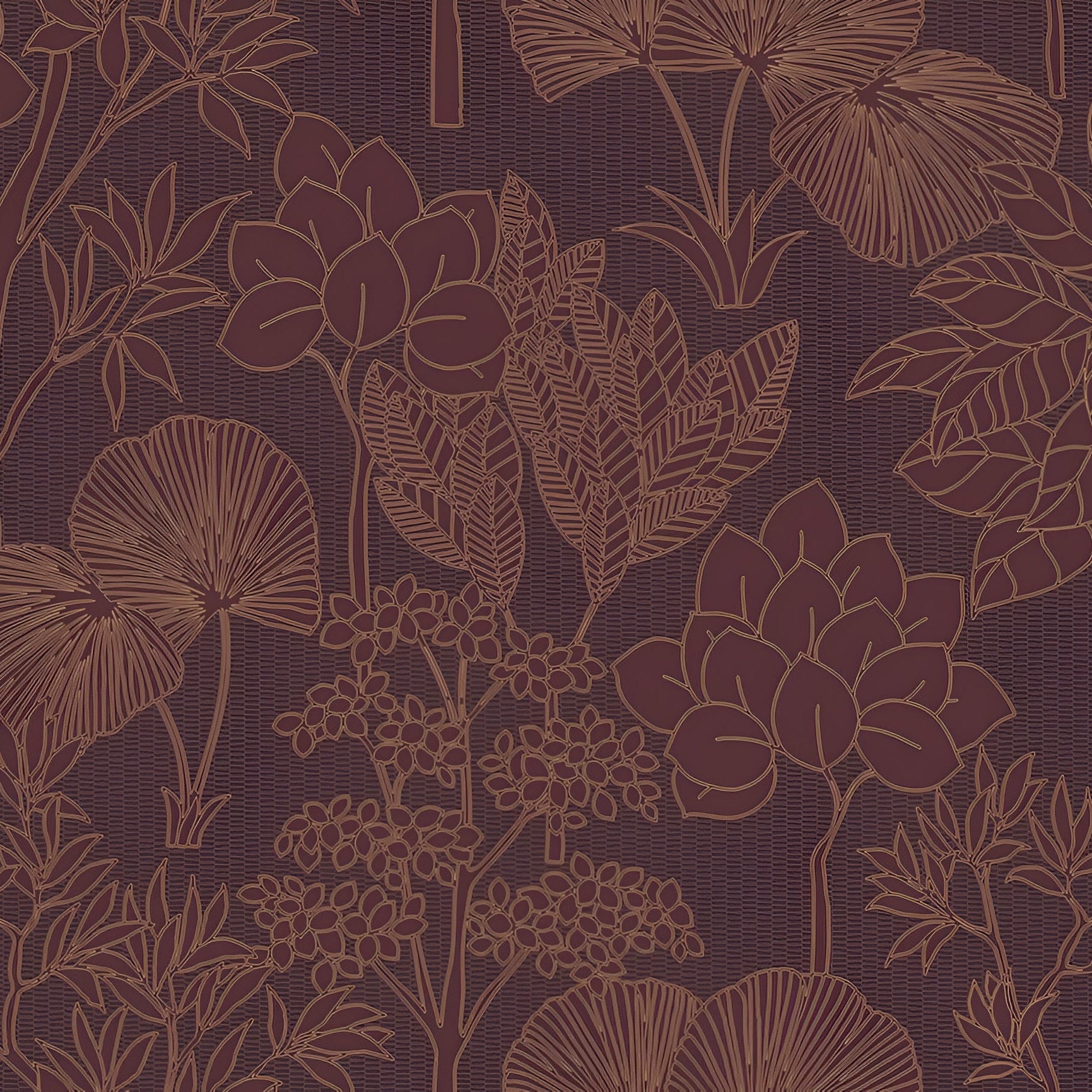 Structural wallpaper with a plant pattern of leaves and flowers INARA - POURPRE brown