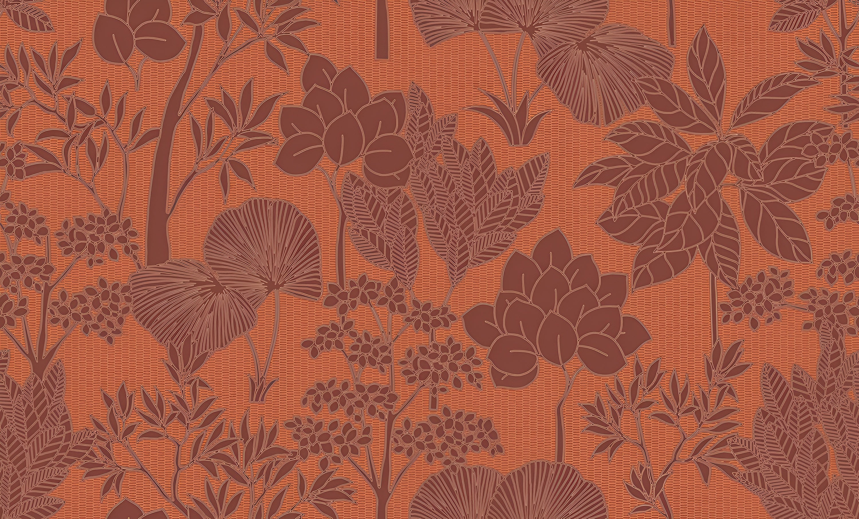 Structural wallpaper with a floral pattern of leaves and flowers INARA - ORANGE BRÛLÉ orange