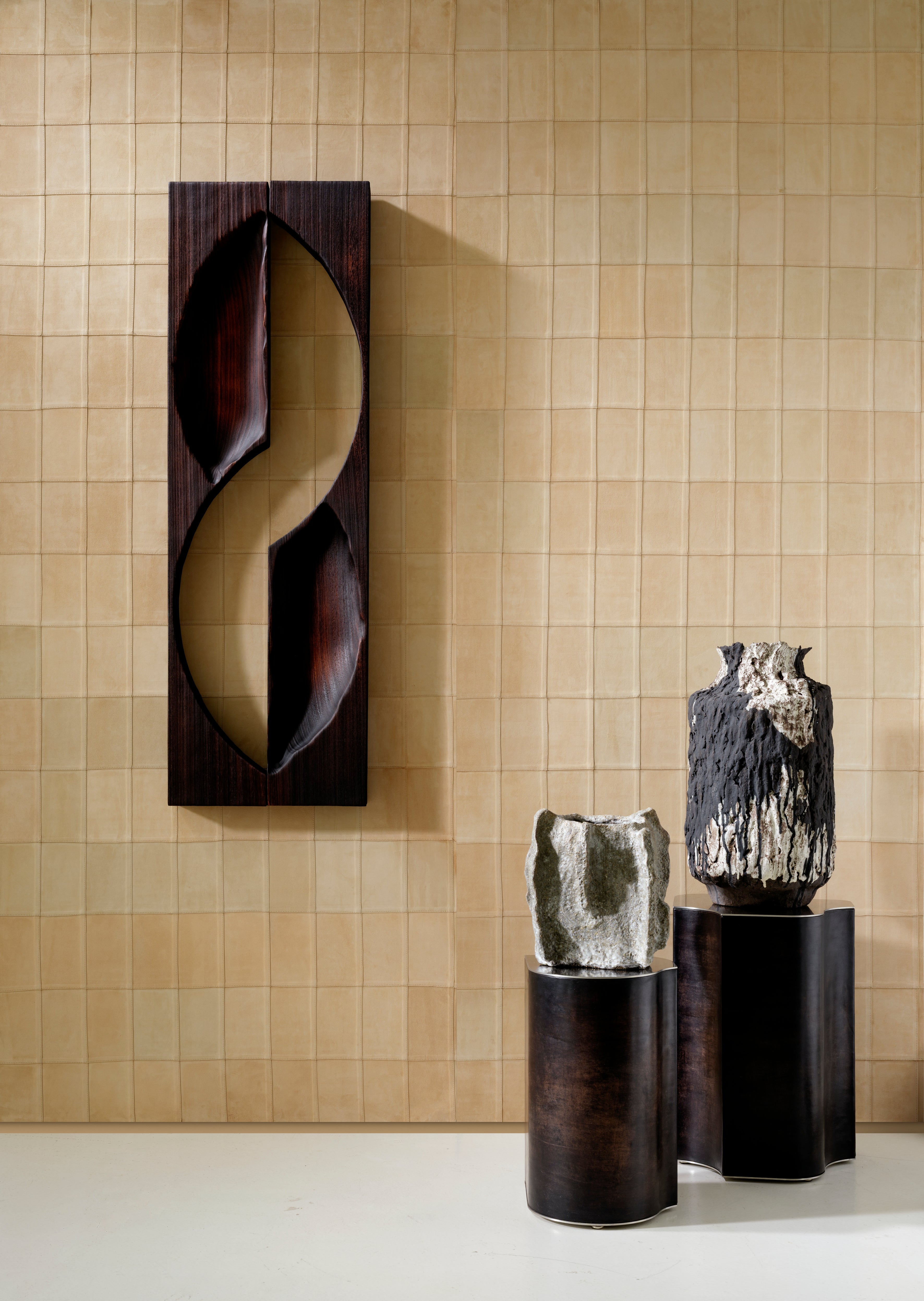 Natural leather wallpaper with geometric pattern AVENIO brown