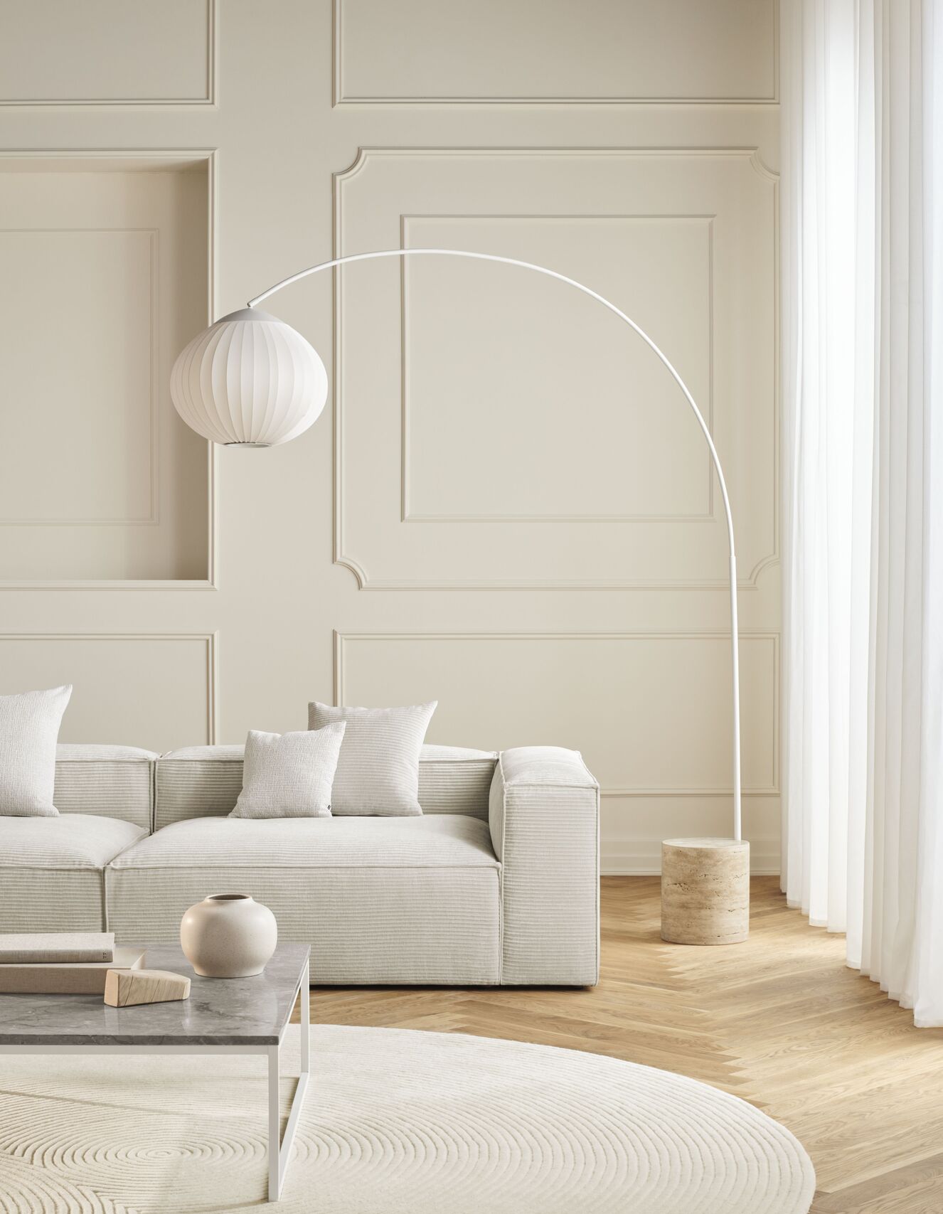 Stojaca lampa ACORN biela s podstavcom z krémového betónu