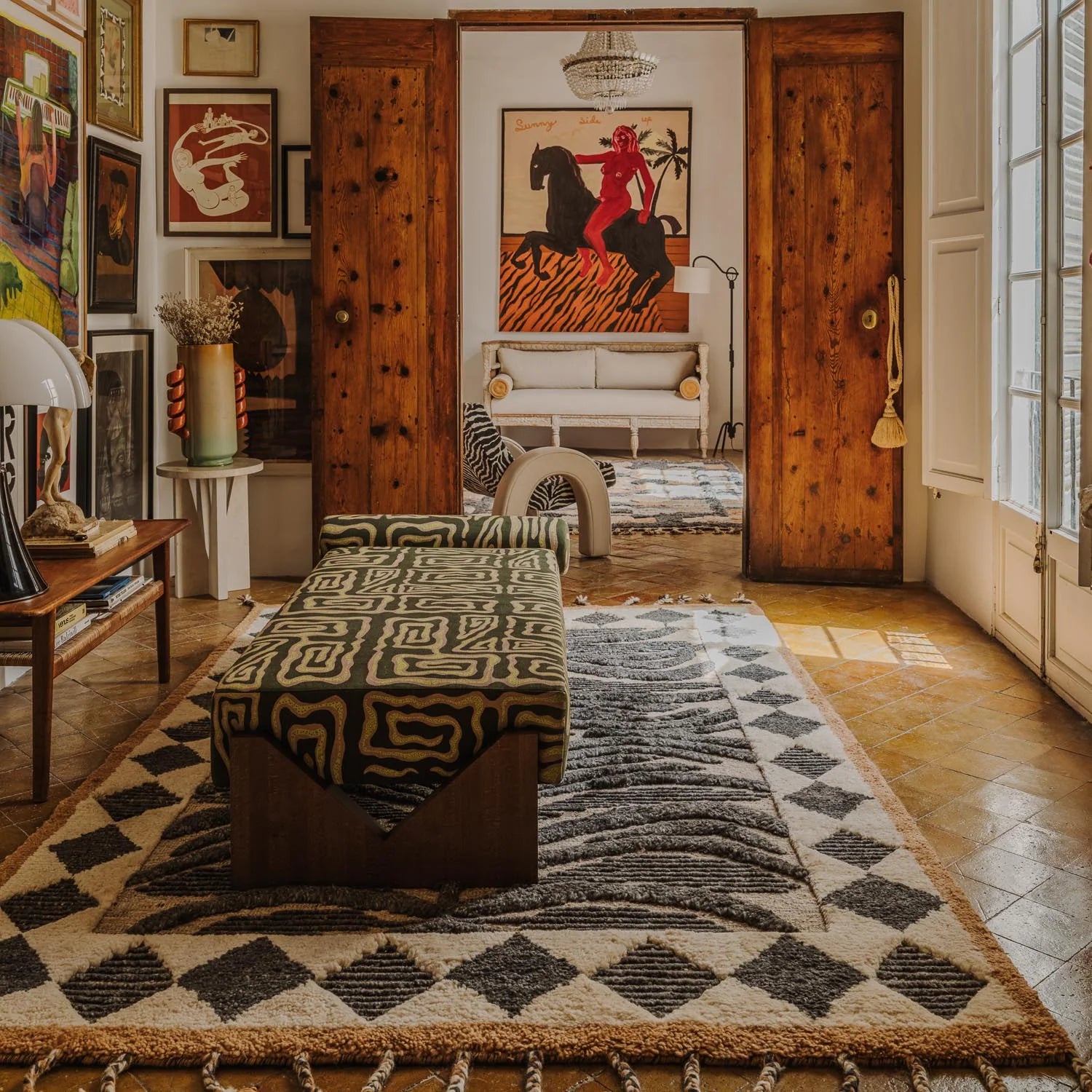 Ležadlo V zelené s béžovým vzorom