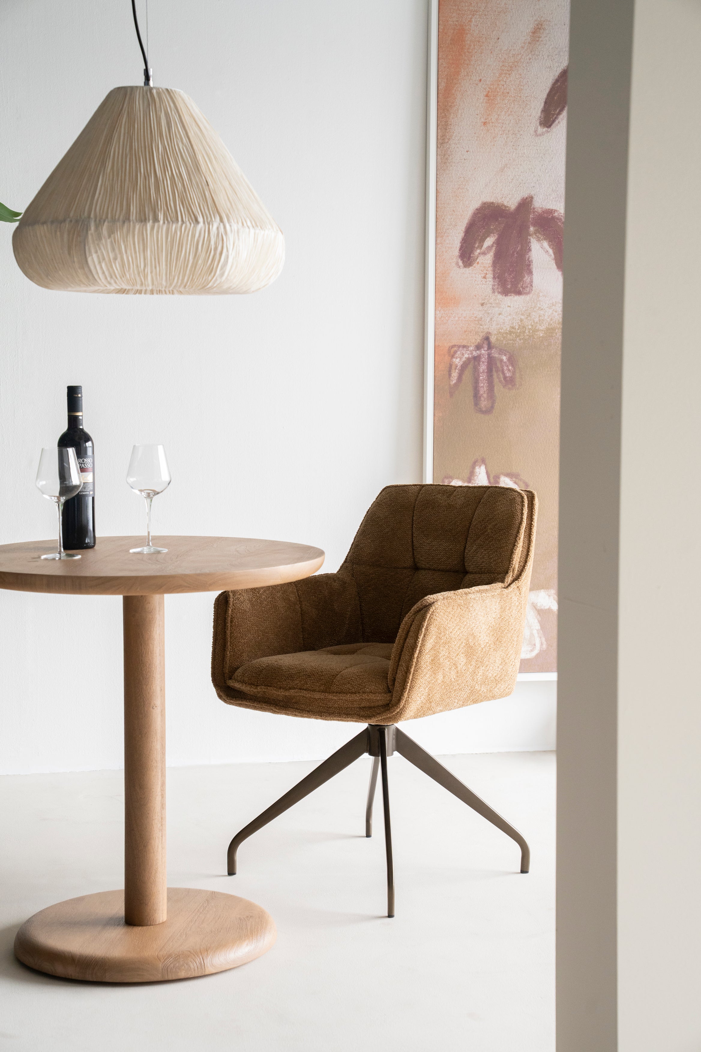 HUGO mustard swivel chair with dark brown base