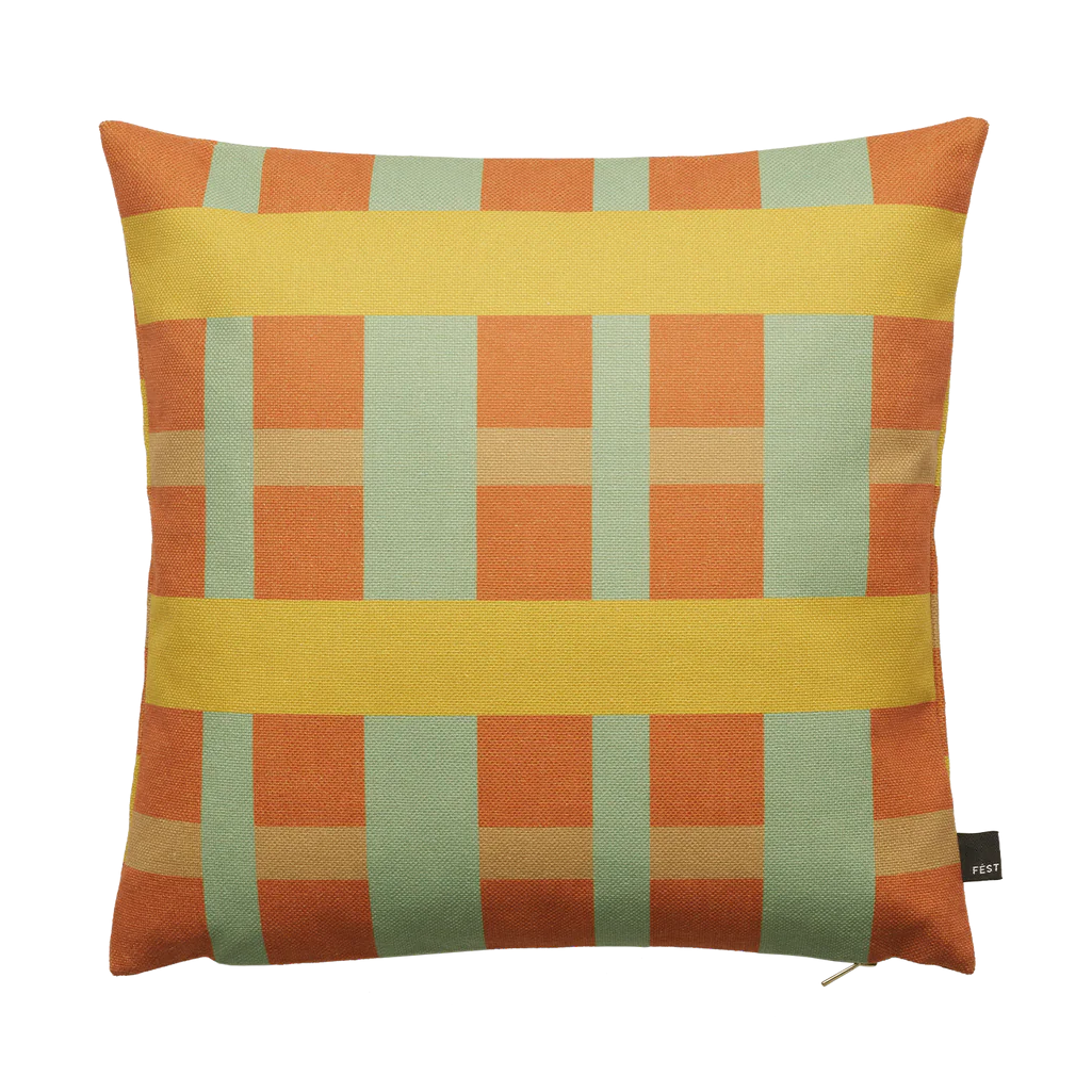 Vankúš PÁSY A KOCKY oranžový so zelenou