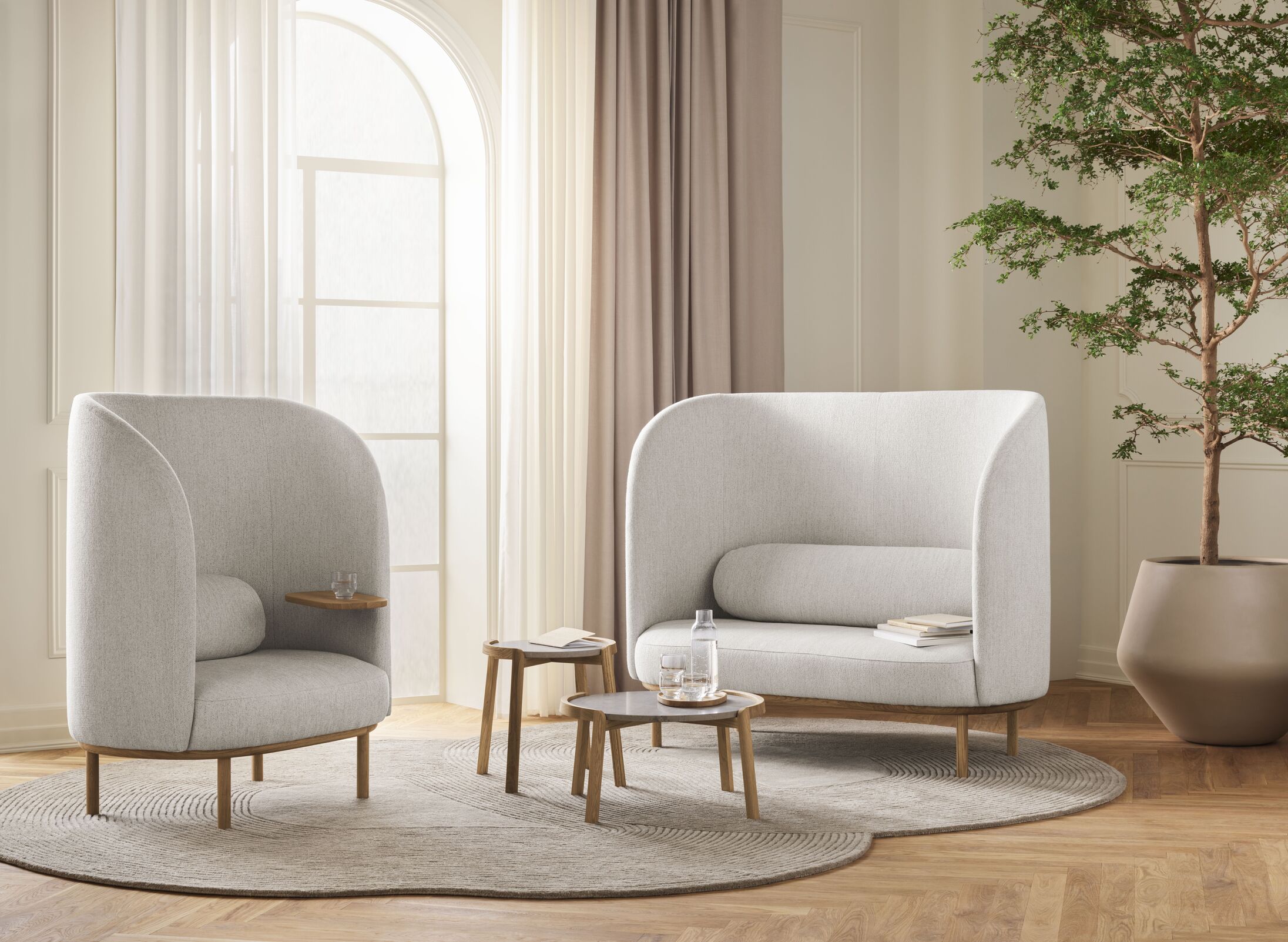 Fotel so stolíkom FUUGA NESTING, základňa z dubového dreva