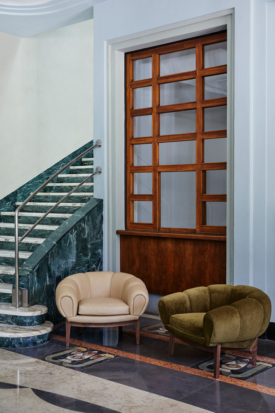 CROISSANT upholstered armchair with walnut base