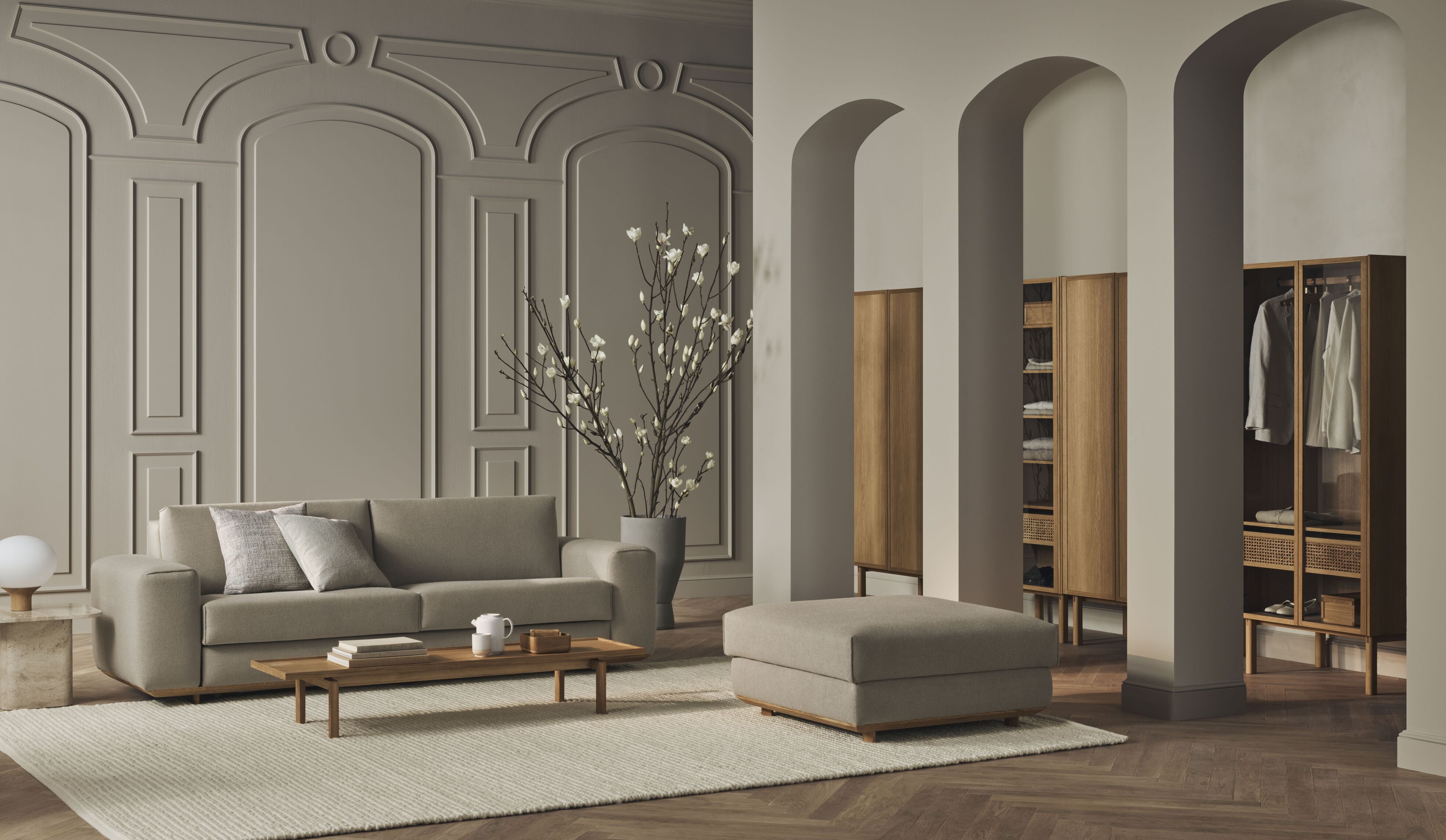 Rozkladacia pohovka pre 3 osoby GEST s podstavou z bieleného dubového dreva